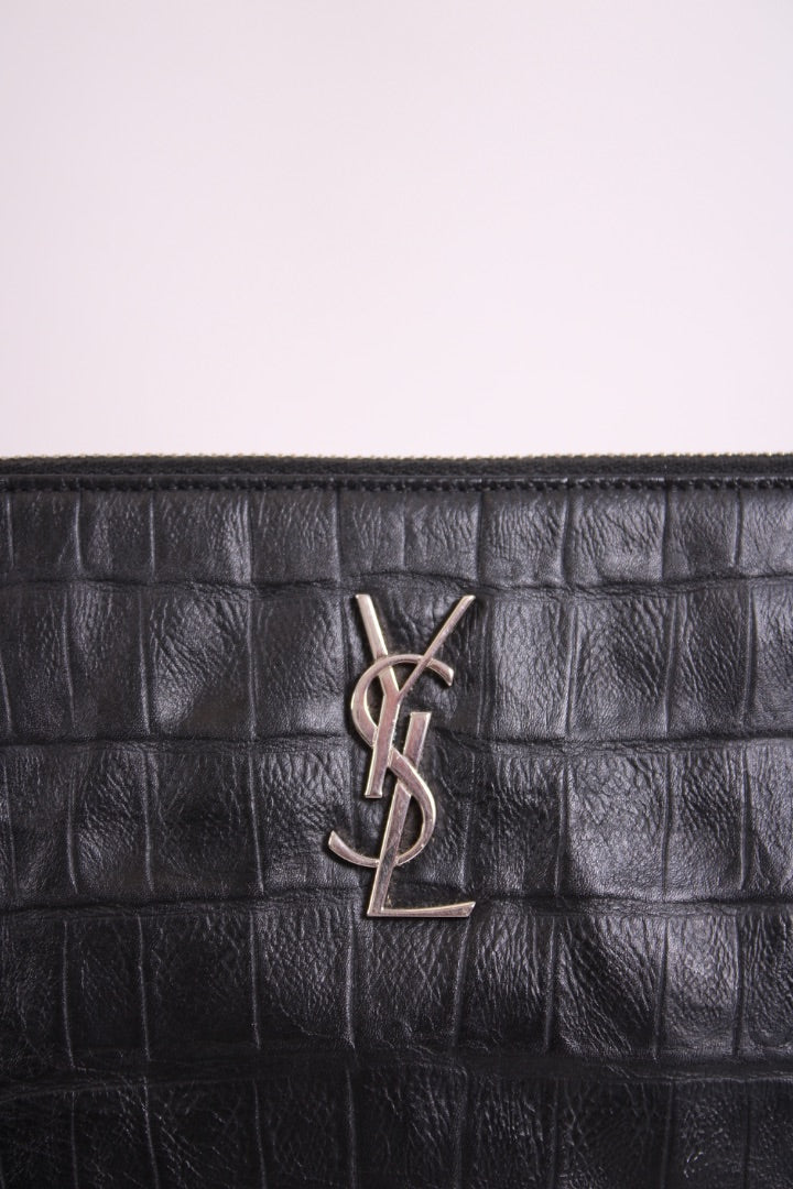 Saint Laurent Croc Effect Wristlet Clutch Black