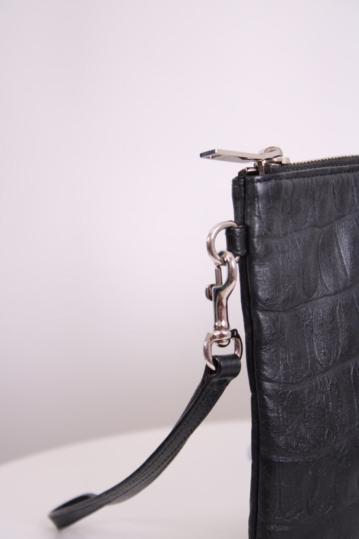 Saint Laurent Croc Effect Wristlet Clutch Black