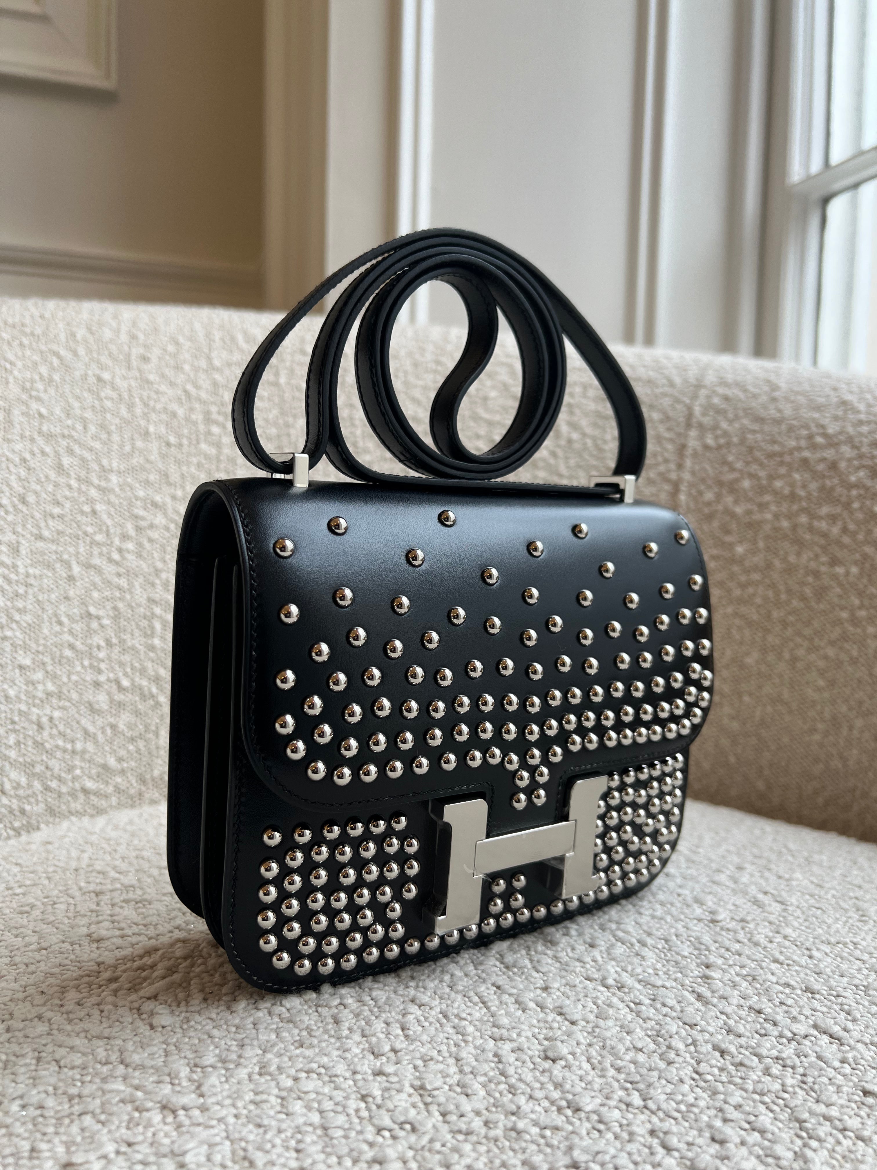 HERMÈS CONSTANCE 18CM 'CLOUTE' BLACK Box Leather with Palladium Hardware