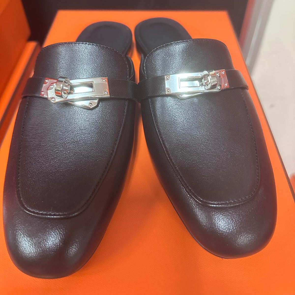 82A. Black Mules Chevre Black with PHW - Size 35