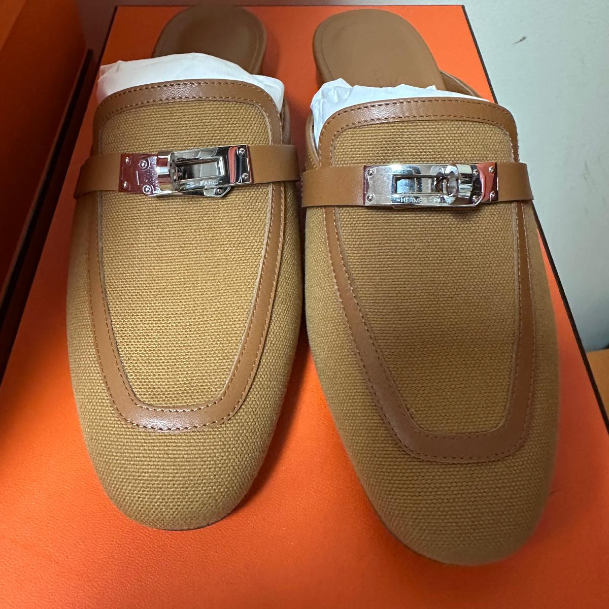 100A. Gold Toile De Cotton Mules with PHW - Size 36.5