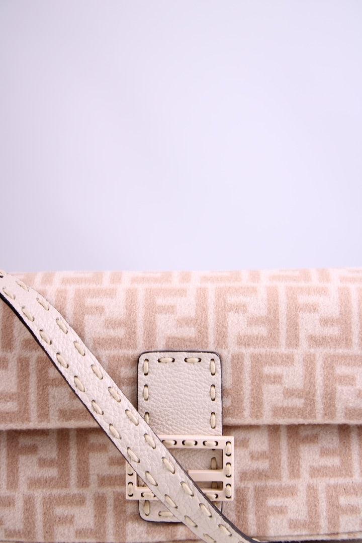 Fendi Wool Selleria Zucca Baguette Bag Cream/ Beige
