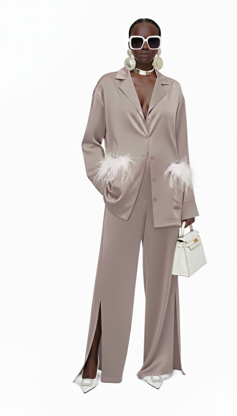 SATIN SET زوج (BLAZER & PANTS قميص وبنطلون) “KAMELIA”