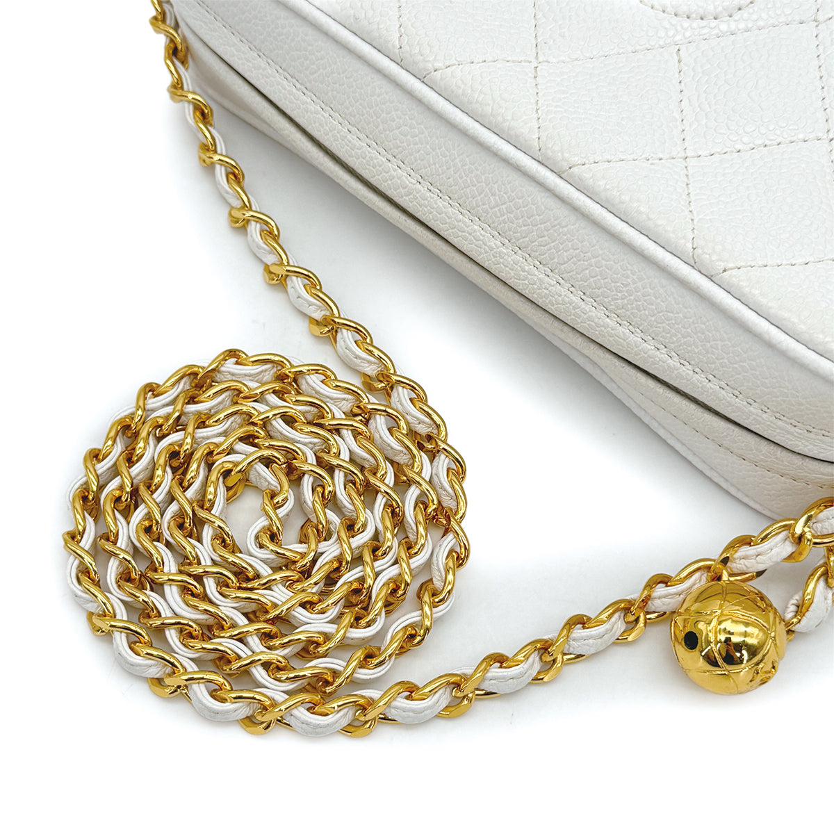 VINTAGE CHANEL COCO BALL MATELASSE CHAIN SHOULDER BAG WHITE CAVUAR SKIN GOLD HARDWARE 90317000
