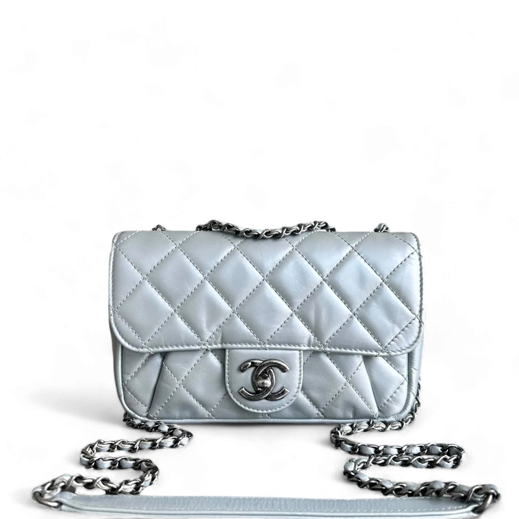 CHANEL MINI RECTANGULAR FLAP - PLATED CHAIN SEASONAL FLAP QUILTED CALFSKIN SILVER SHW NO 21 SYCM322