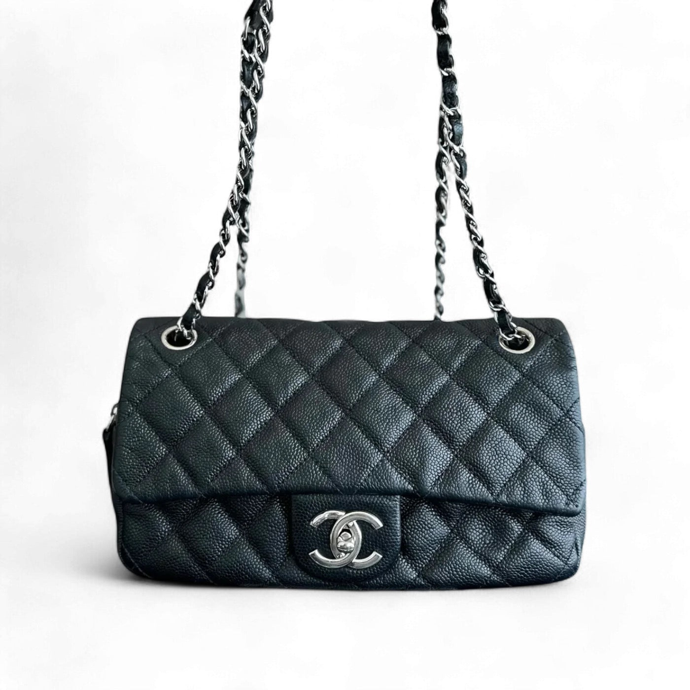 CHANEL EASY FLAP CAVIAR QUILTED BLACK SILVER HARDWARE SERIES 17 SYCM344