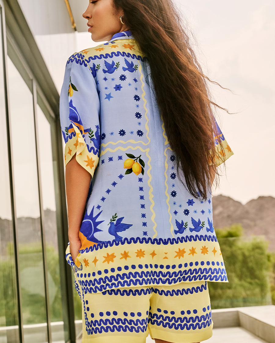Indigo Co-Ord Set with Lemons and Birds Print