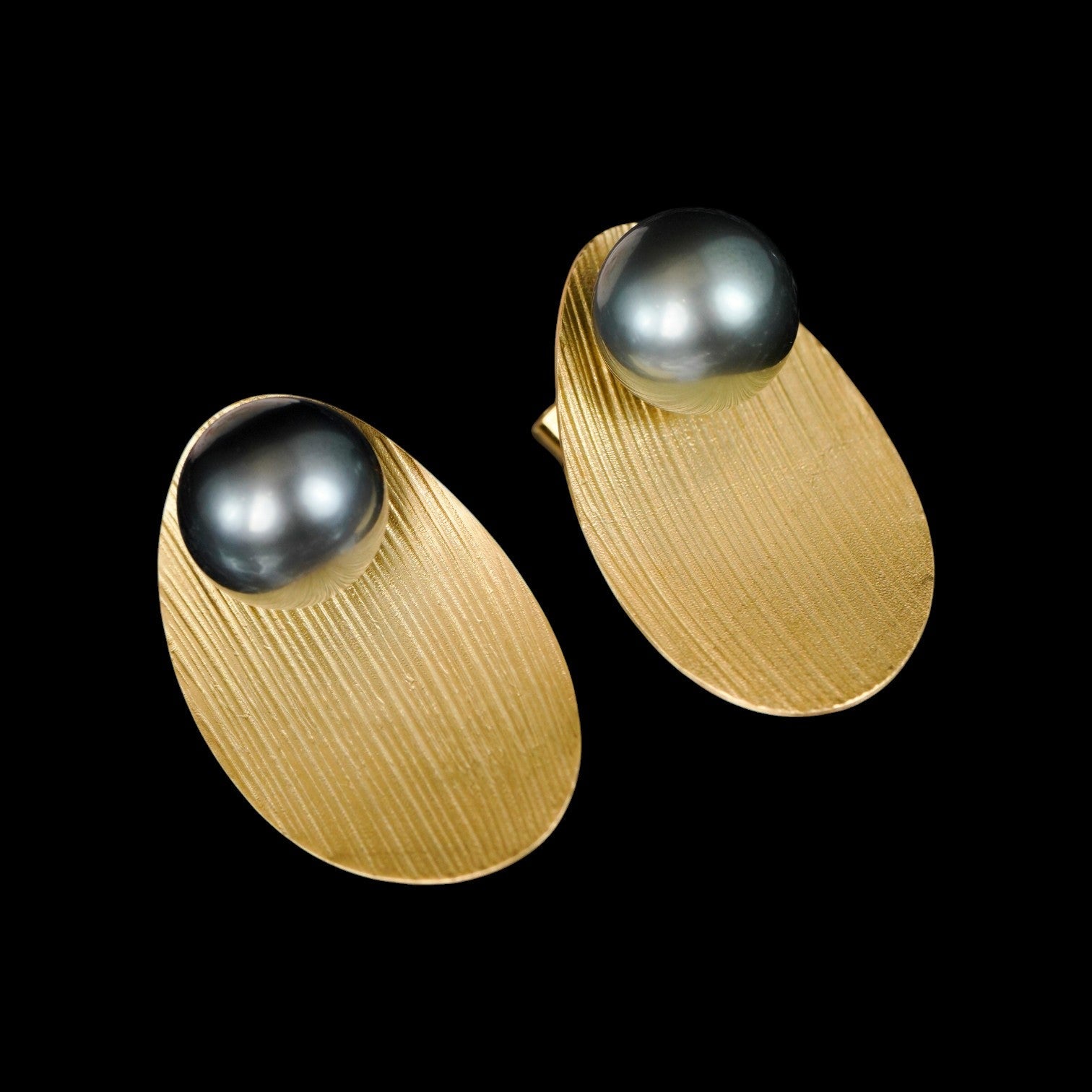 10.8mm & 10.9mm Natural Tahiti Black Pearl Stud Earrings set in 18K Gold