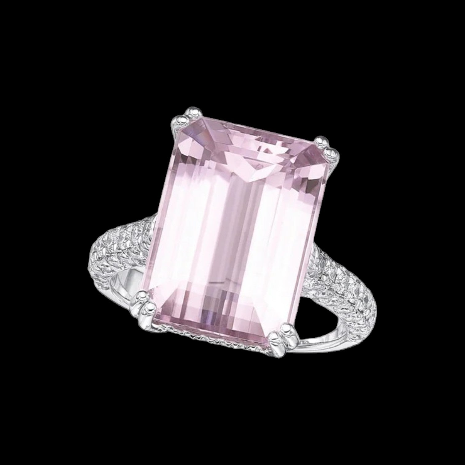 12.83ct Emerald Cut Pink Kunzite and 1.08ct (EF VS) Diamond Ring