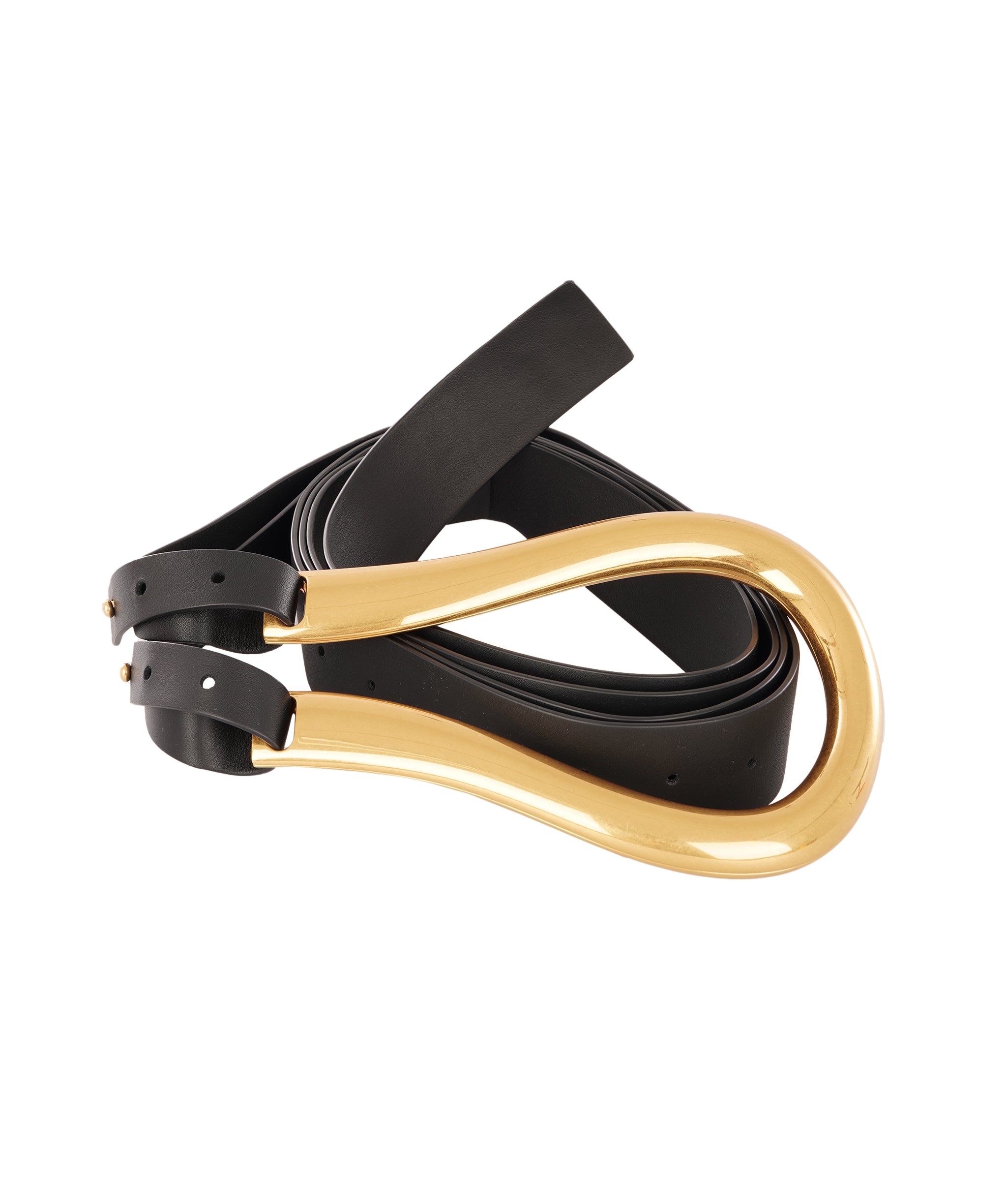 Bottega Veneta Small Gold Buckle Horseshoe Double Strap Black Belt ALC4341