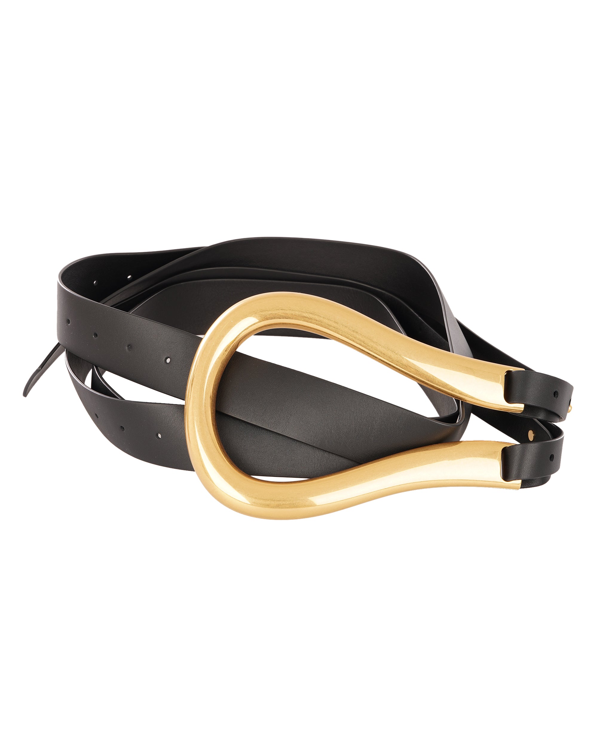 Bottega Veneta Small Gold Buckle Horseshoe Double Strap Black Belt ALC4341