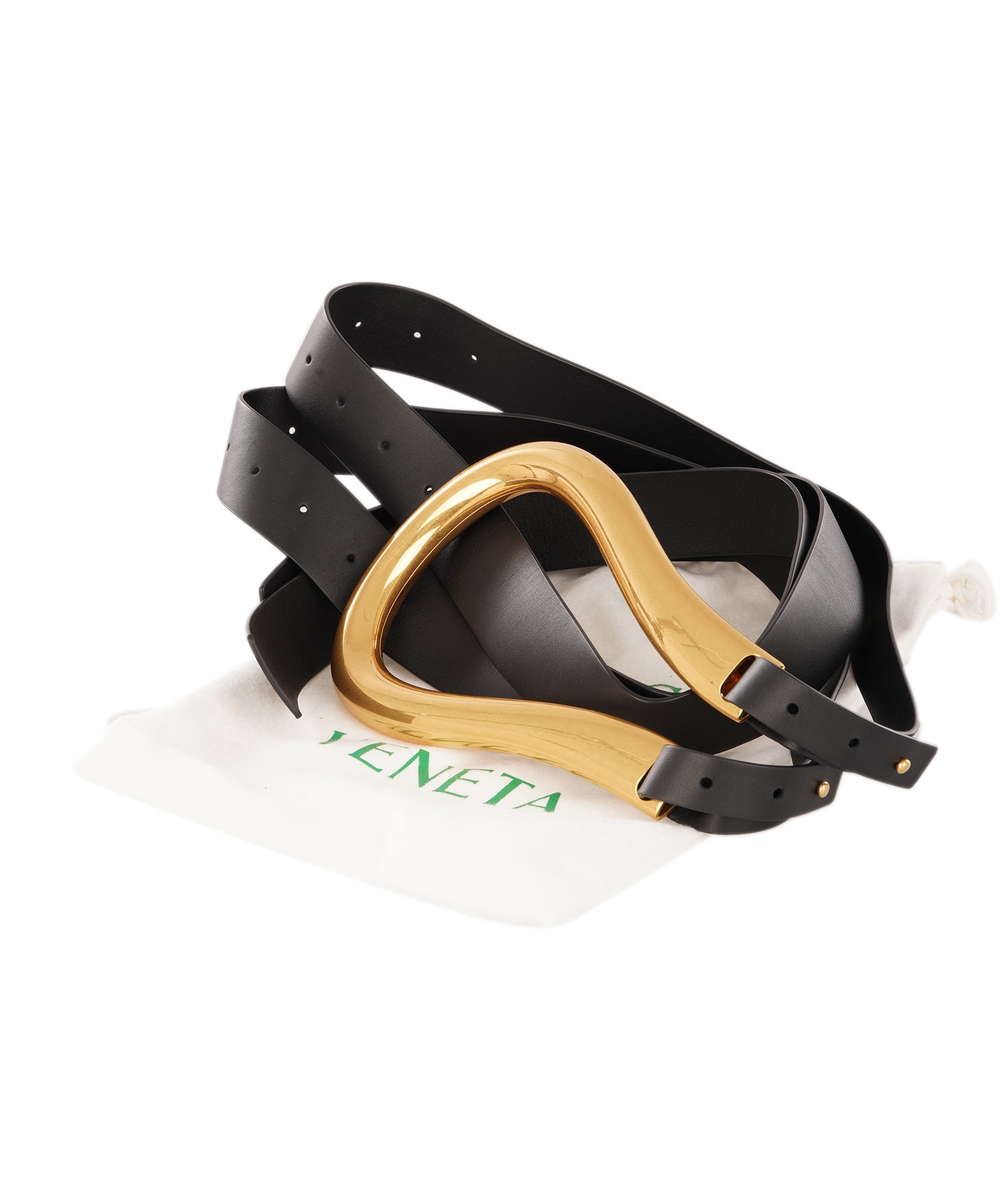 Bottega Veneta Small Gold Buckle Horseshoe Double Strap Black Belt ALC4341