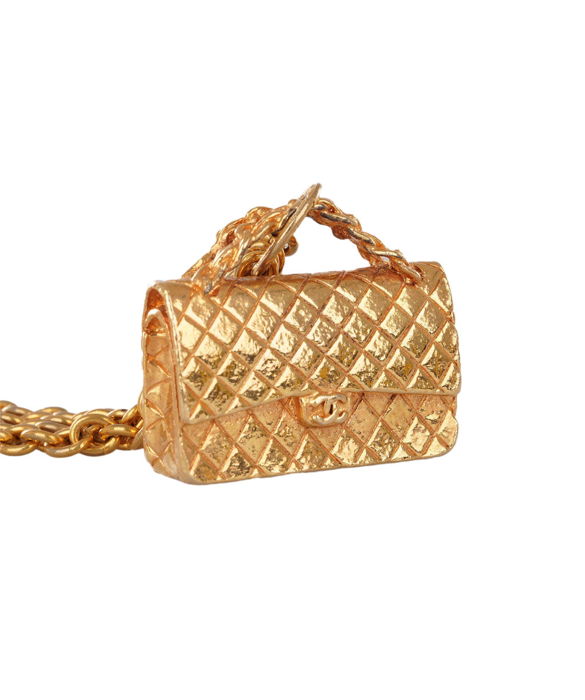 24K Gold Vintage Chanel Classic Flap Bag Pendant Necklace ALC4359
