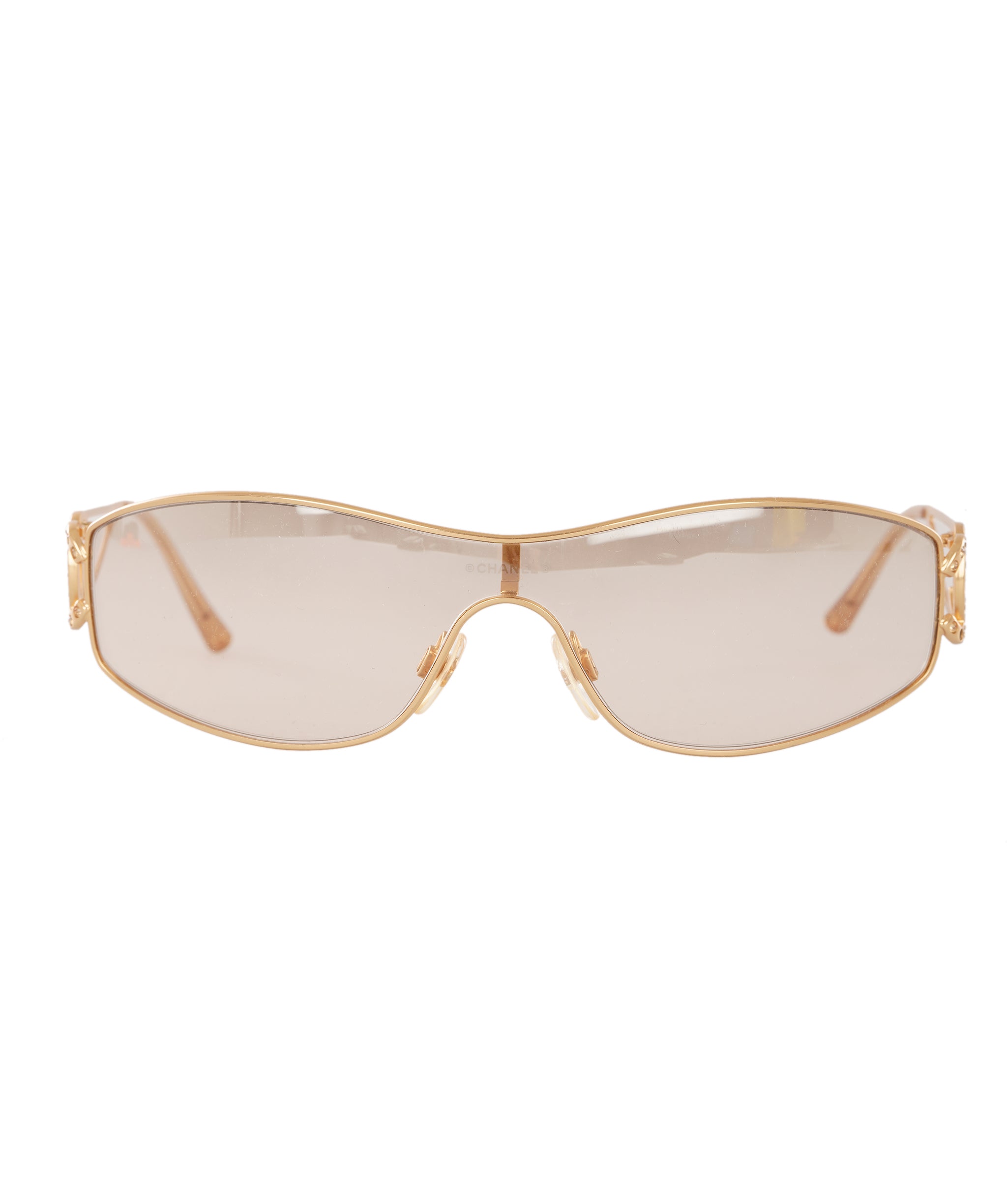 Chanel Vintage Light Amber Rhinestone CC Sheild Sunglasses with Gold Frame ALC4338