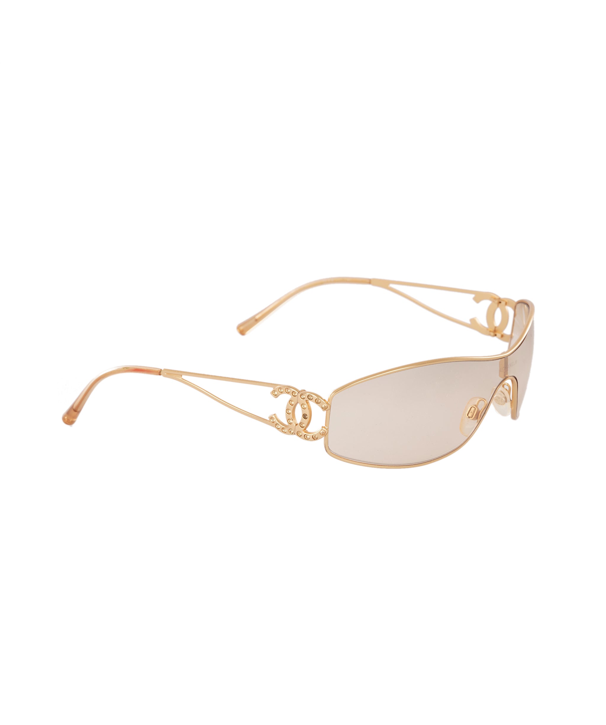 Chanel Vintage Light Amber Rhinestone CC Sheild Sunglasses with Gold Frame ALC4338