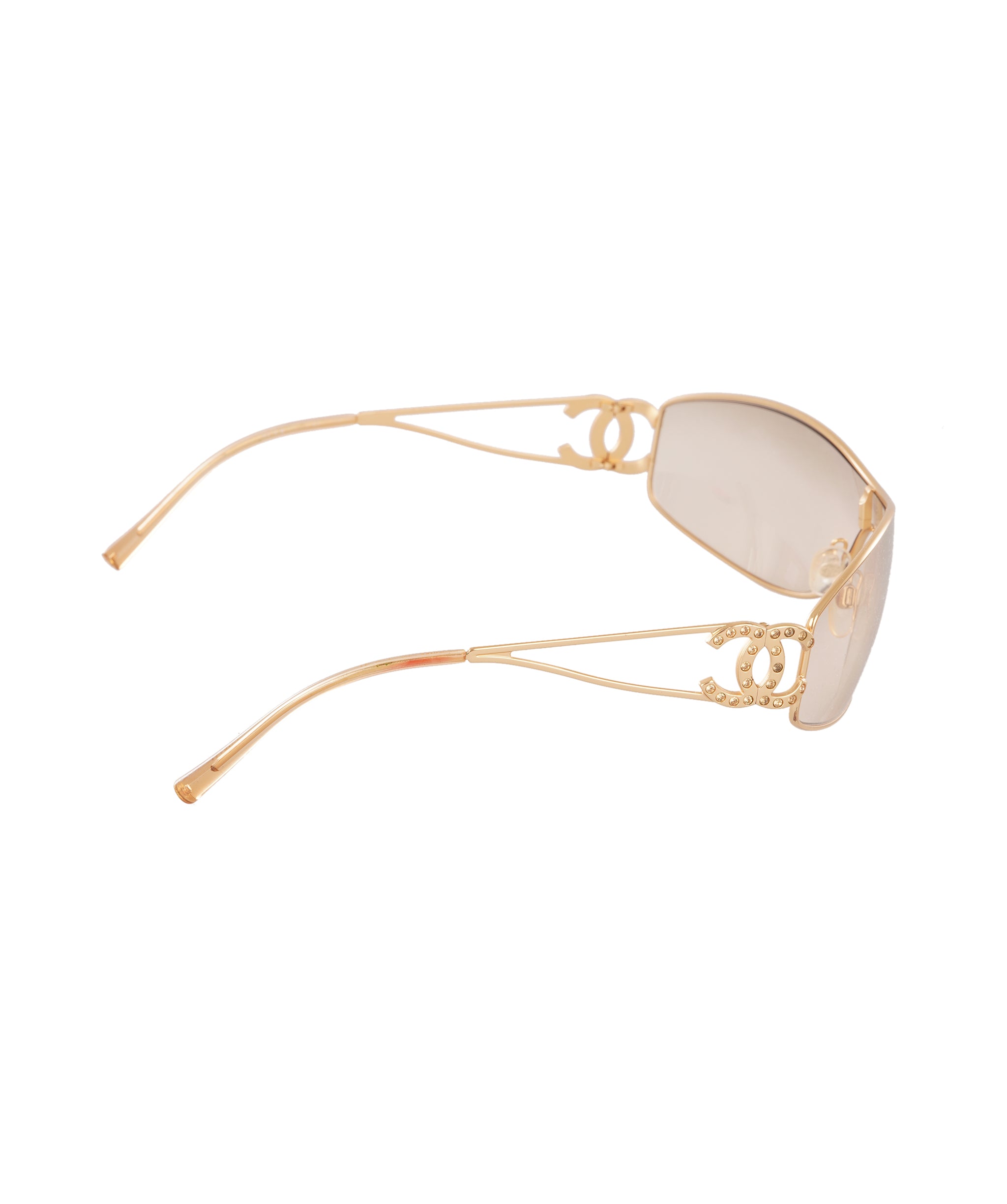 Chanel Vintage Light Amber Rhinestone CC Sheild Sunglasses with Gold Frame ALC4338