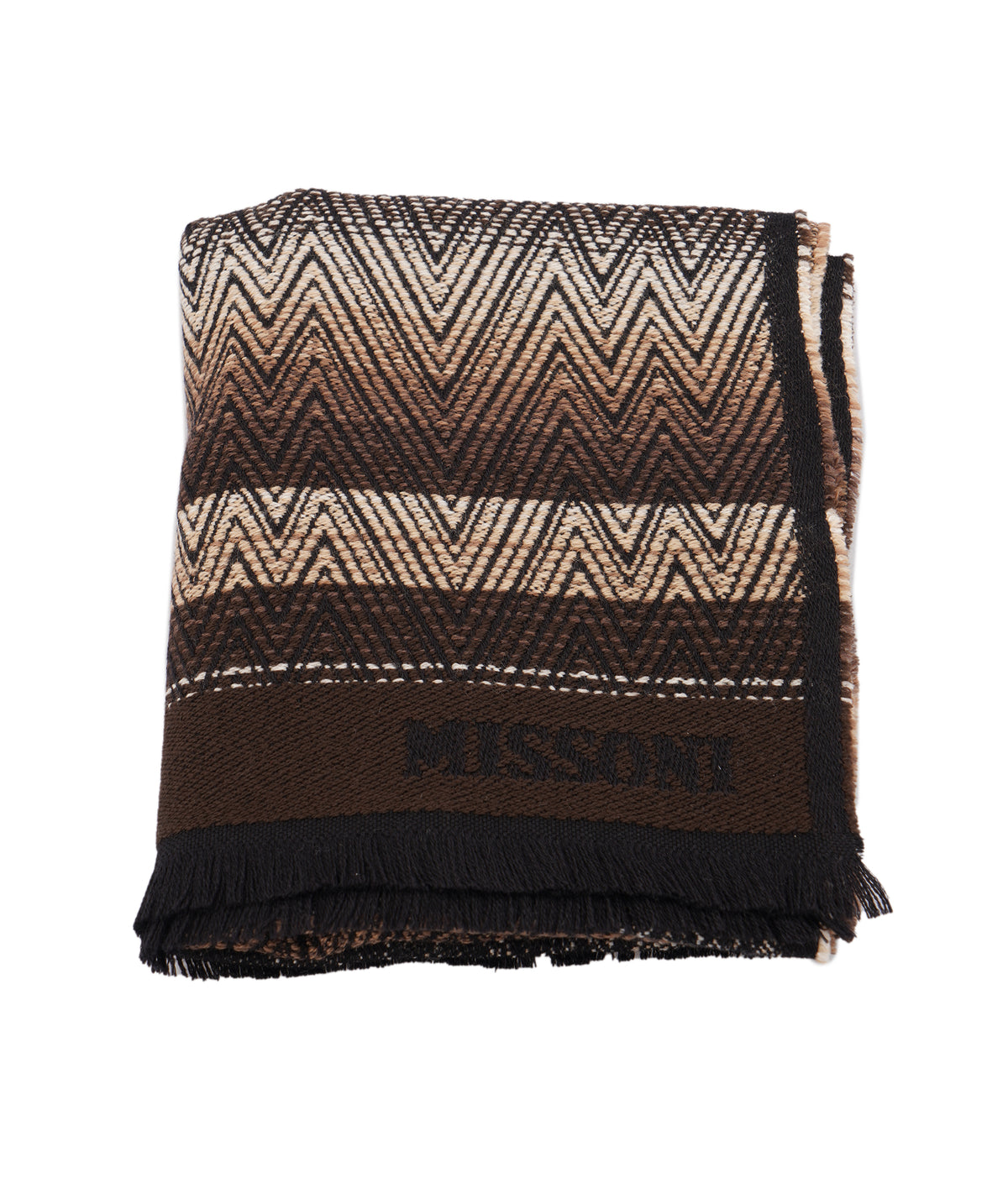 Missoni Brown Zigzag-Pattern Knit Fringed Scarf ANL0181