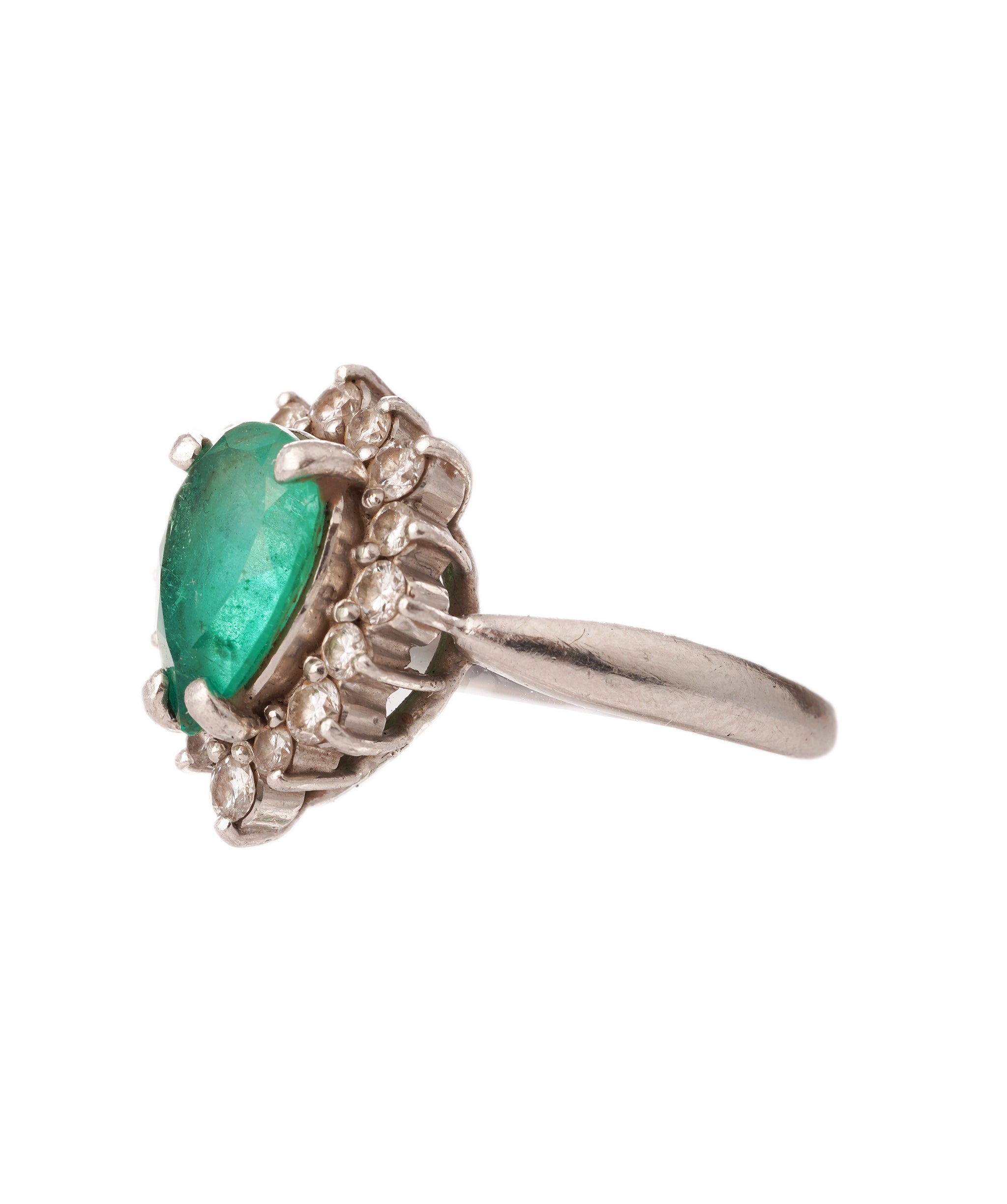 Emerald  pear - palladium and diamond ring  ALC4286