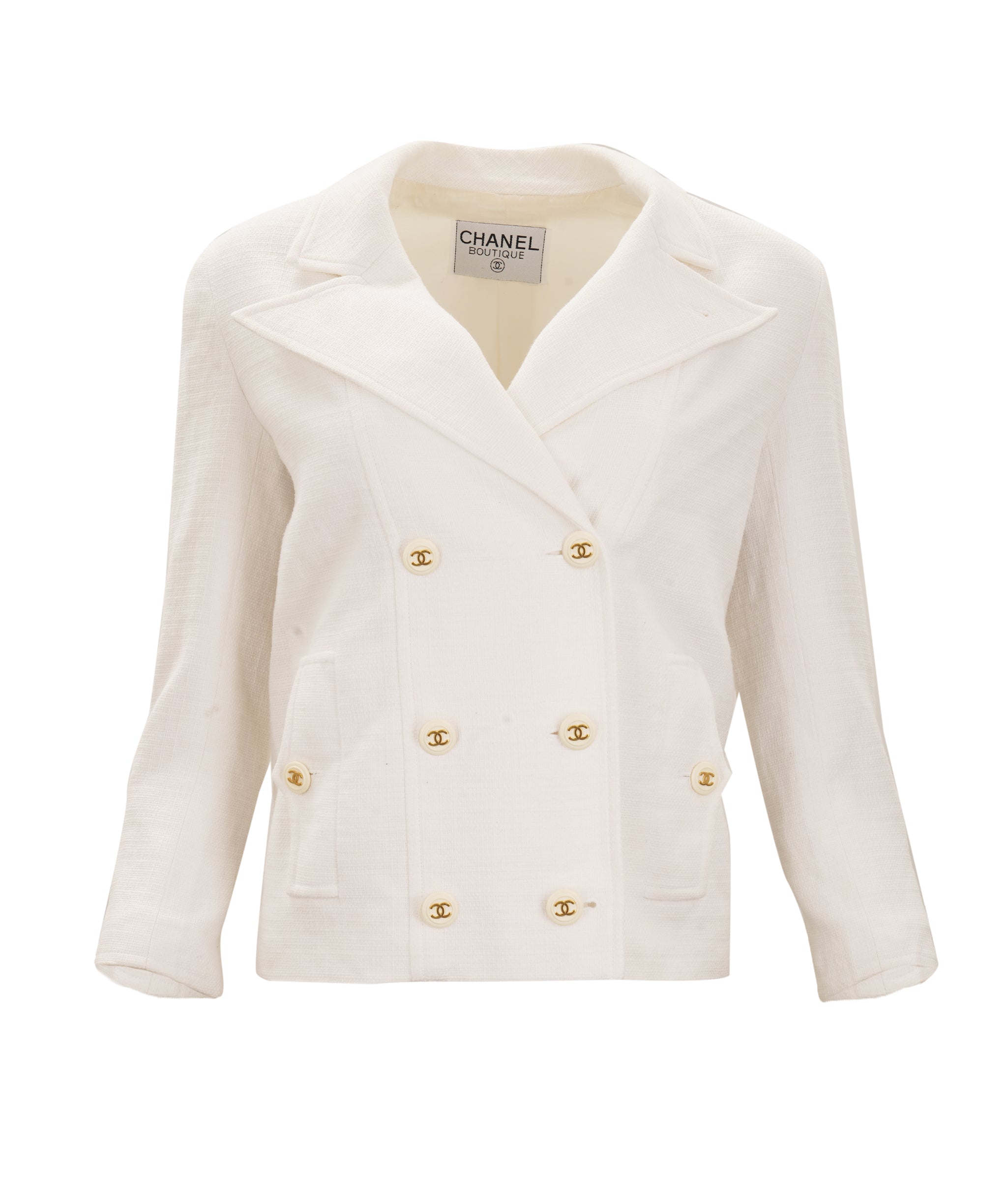 Chanel Boutique Double Breasted White Tweed Jacket with Gold CC Buttons Fits 36/38 ALTC1005