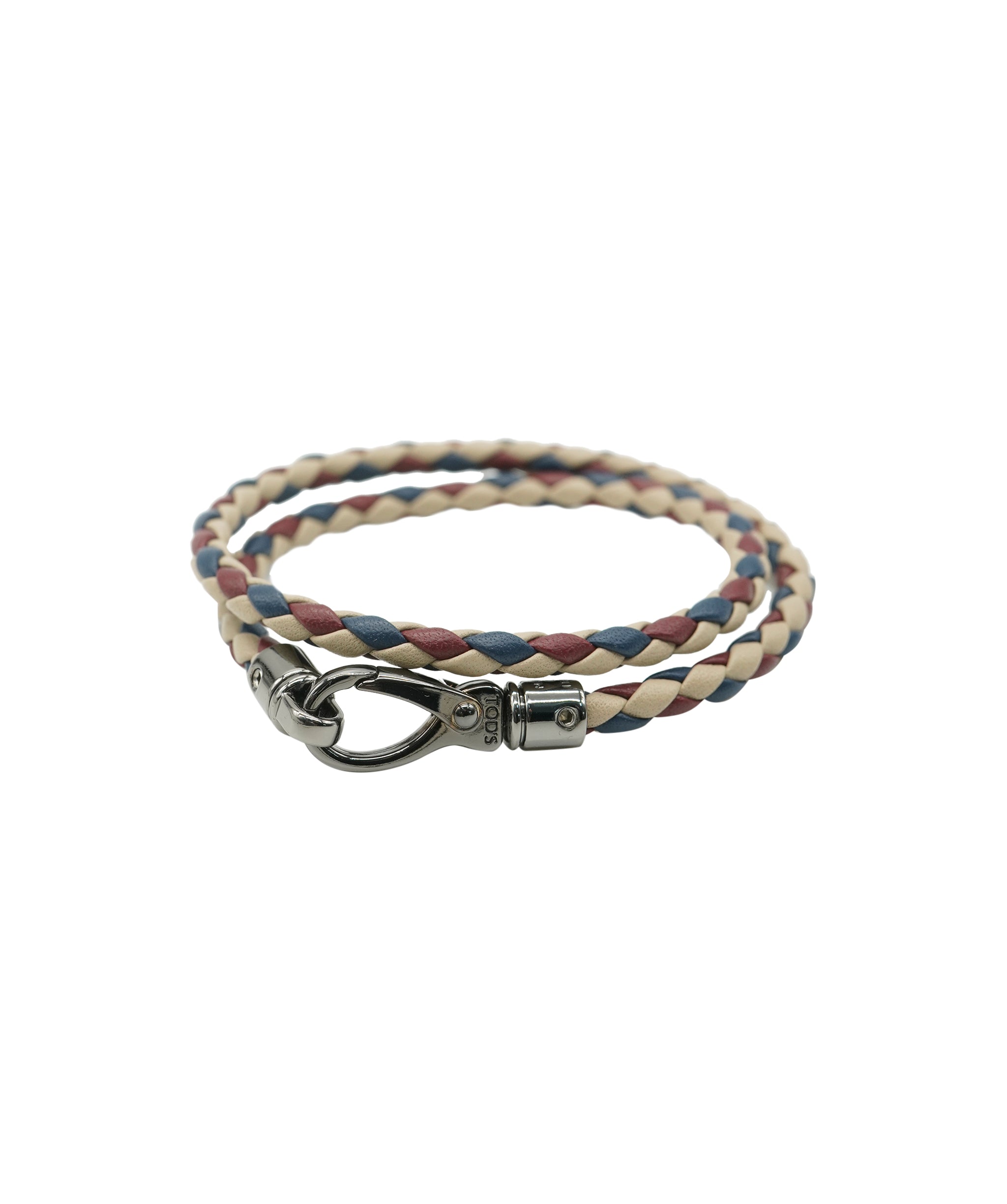 Tod's Leather Woven Bracelet in Navy Blue, Rouge H and Beige with titanium hardware AKC0096