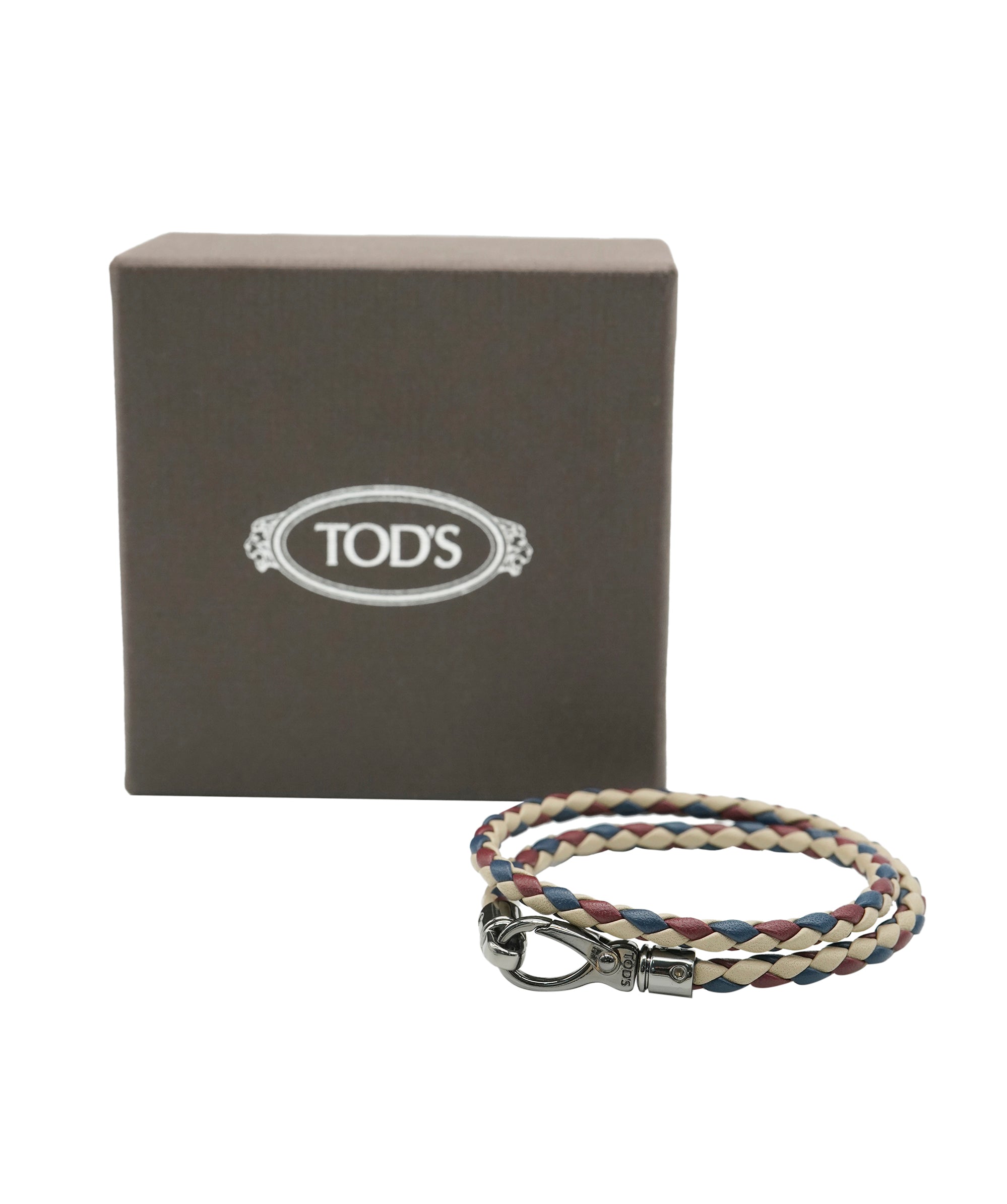 Tod's Leather Woven Bracelet in Navy Blue, Rouge H and Beige with titanium hardware AKC0096