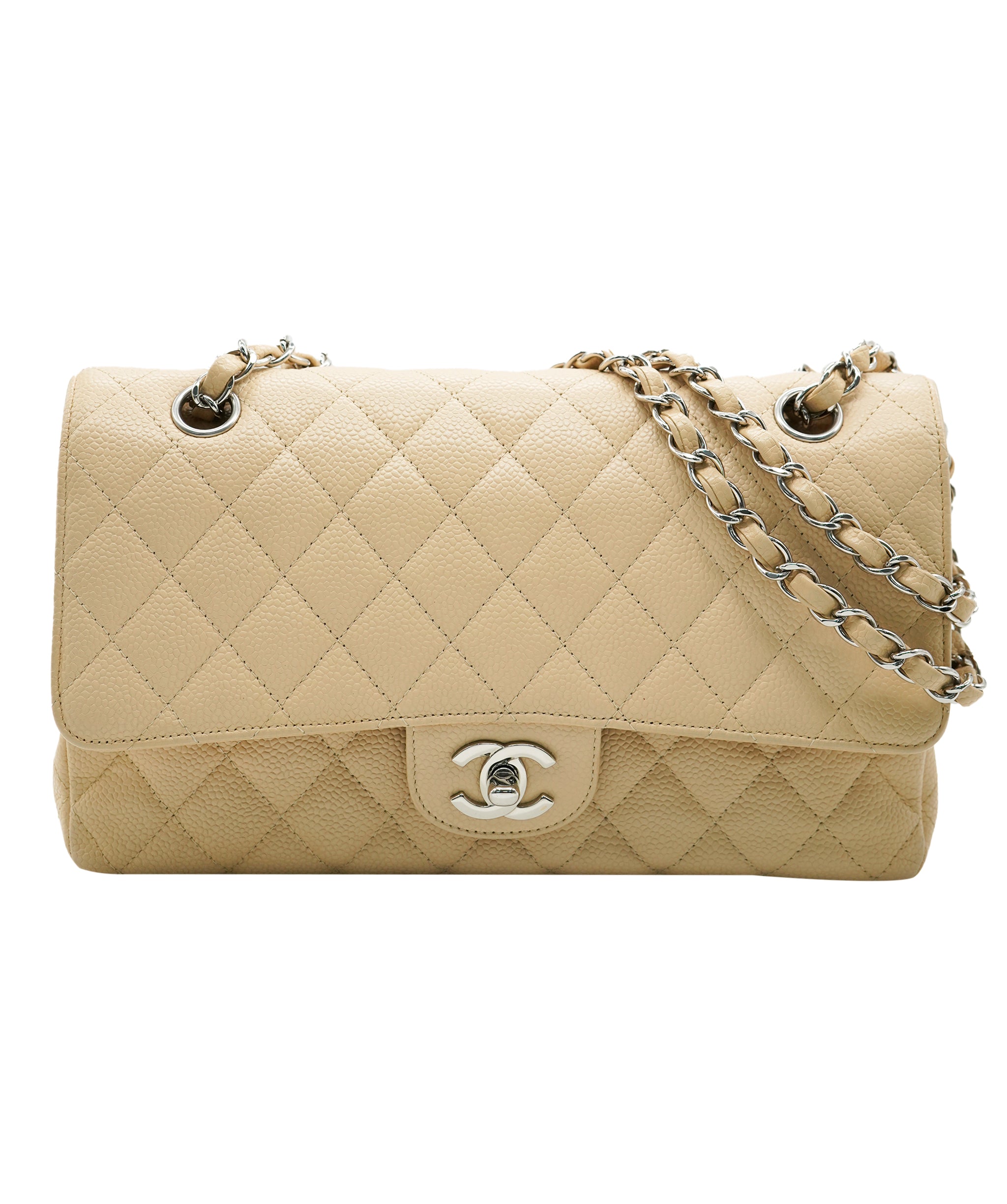 Chanel Caviar Beige Classic Flap With Silver Hardware  ALC3566