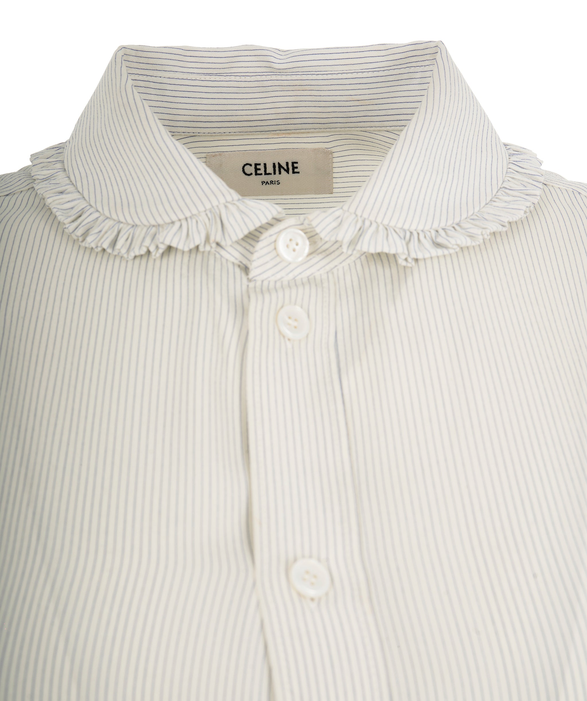 Celine White & Blue Striped Silk Frill Collar Triomphe Shirt - FR 42  ALC1969