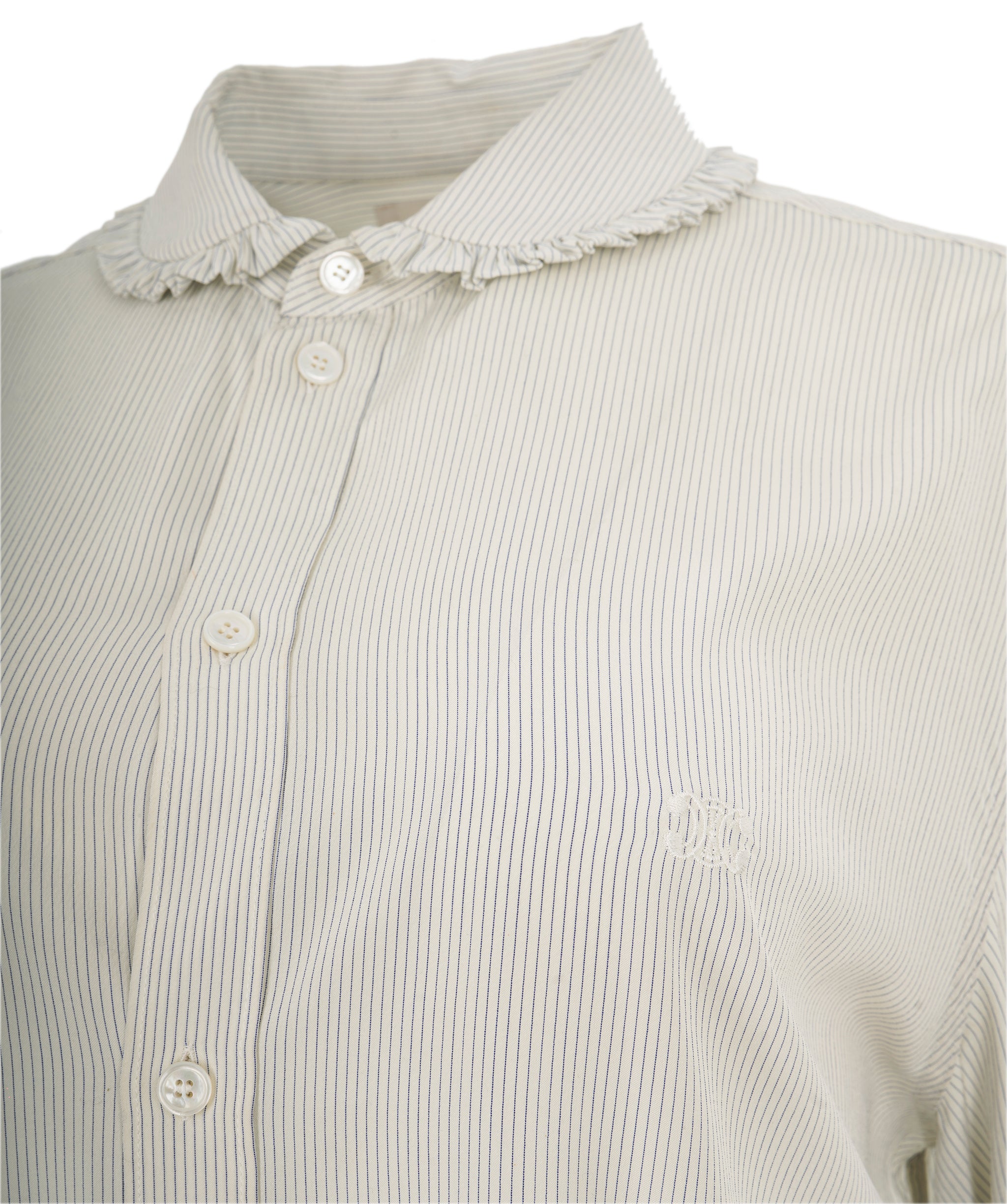 Celine White & Blue Striped Silk Frill Collar Triomphe Shirt - FR 42  ALC1969