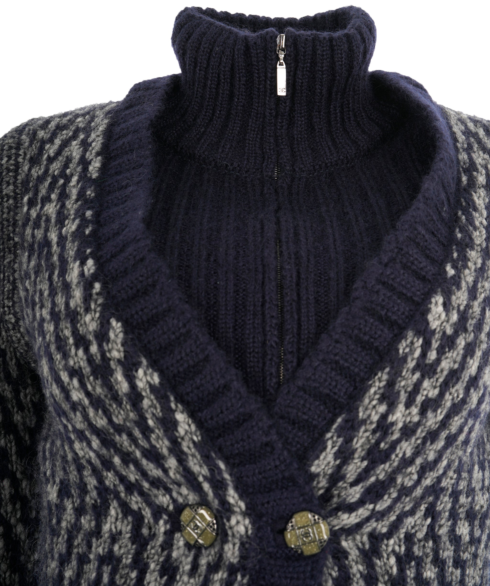 Chanel 2010 Navy Mohair Blend Zipped CC Button Knit Sweater - FR38  ALL0858