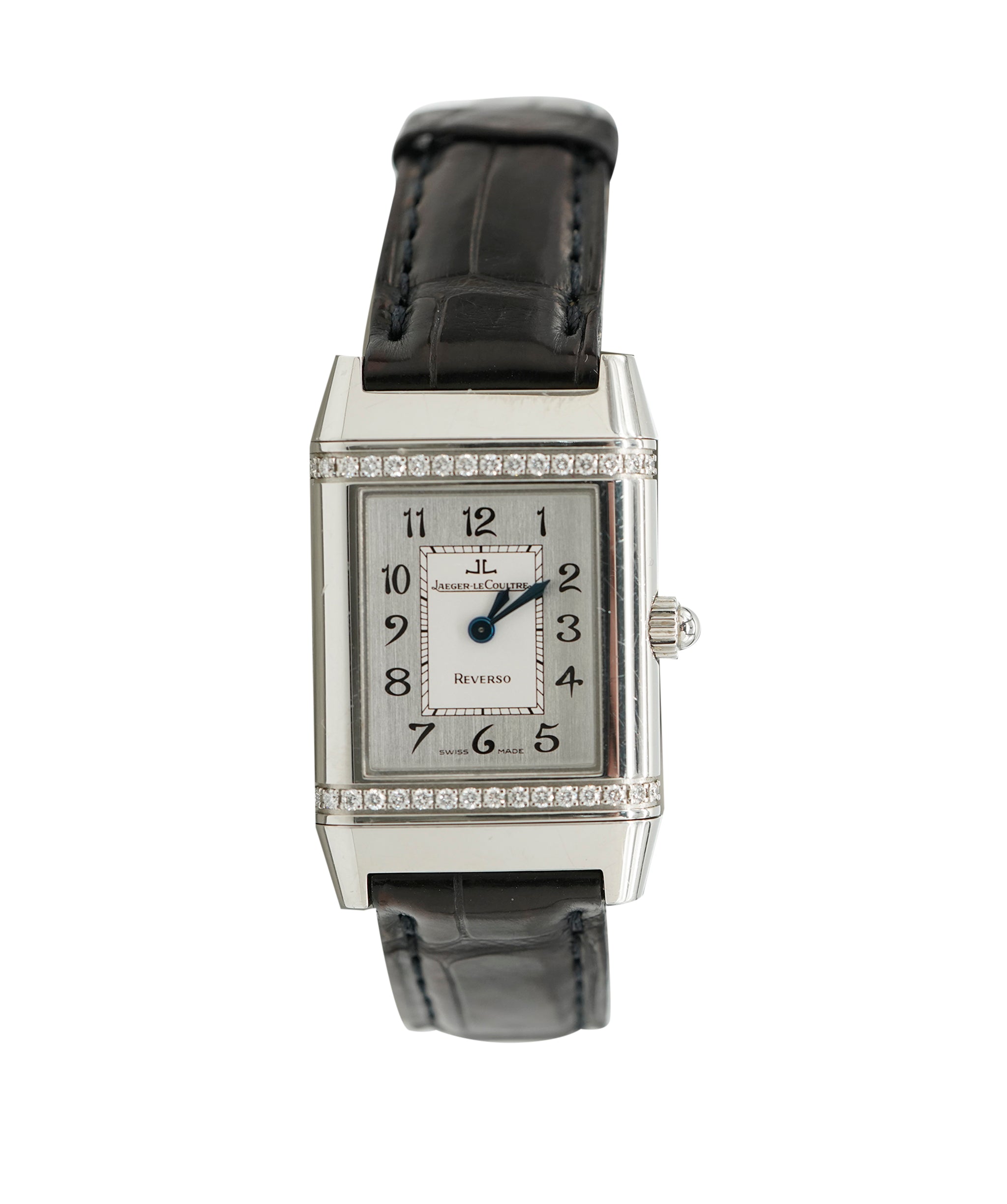Jaeger Le Coulture Reverso Classic Medium Duetto Silver Dial Diamond Set Black Croc Watch ALC3567