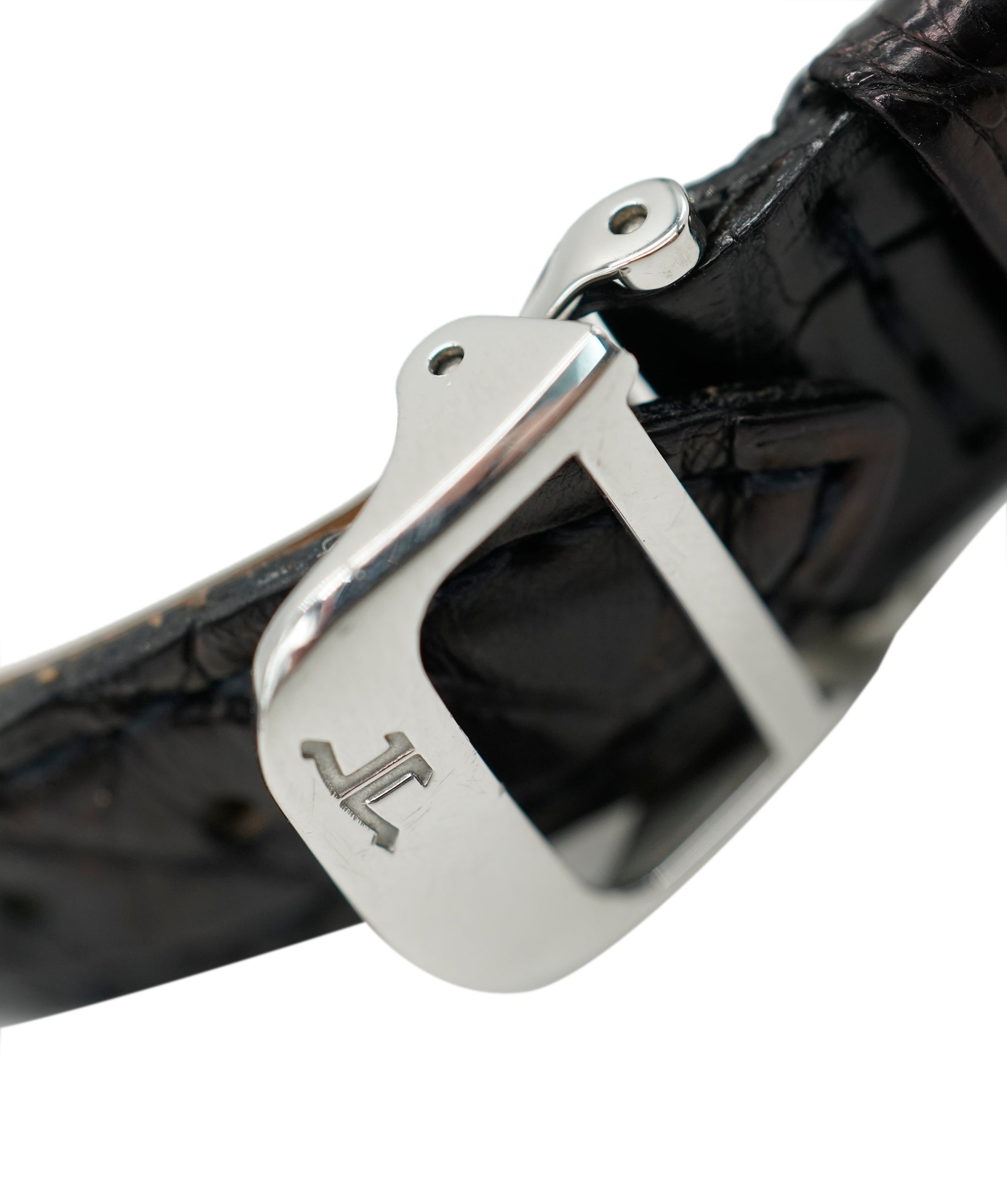 Jaeger Le Coulture Reverso Classic Medium Duetto Silver Dial Diamond Set Black Croc Watch ALC3567