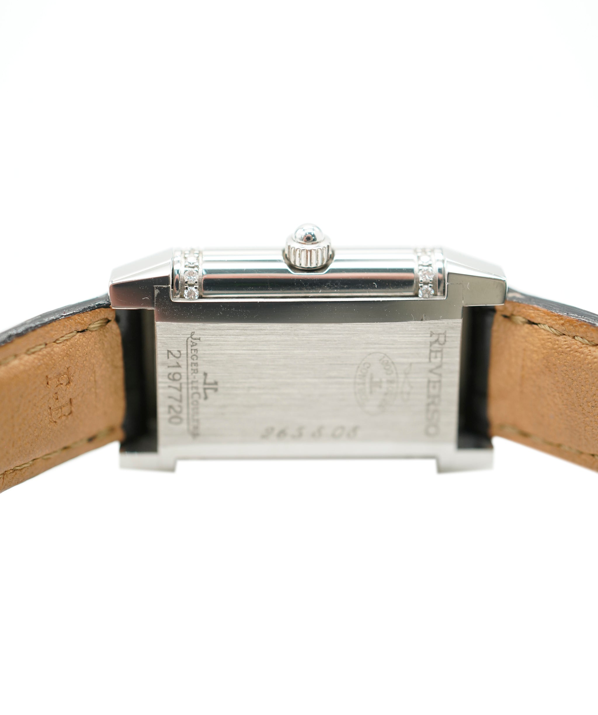 Jaeger Le Coulture Reverso Classic Medium Duetto Silver Dial Diamond Set Black Croc Watch ALC3567