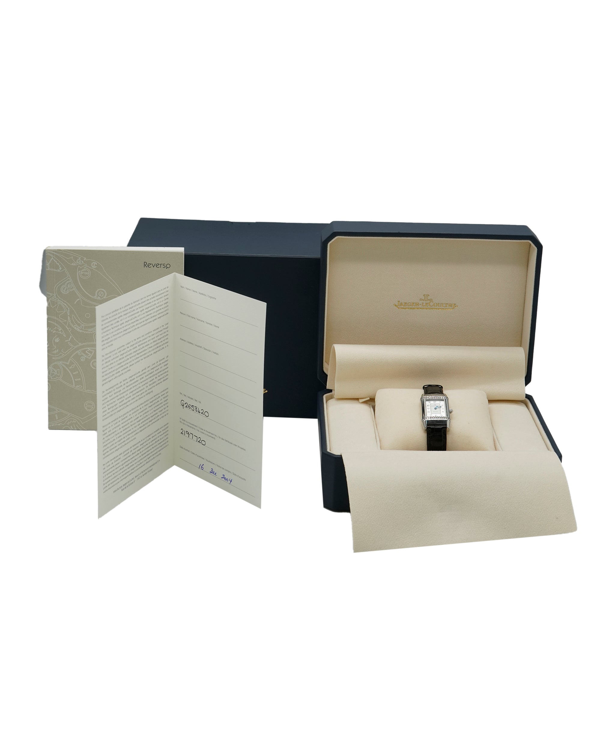 Jaeger Le Coulture Reverso Classic Medium Duetto Silver Dial Diamond Set Black Croc Watch ALC3567