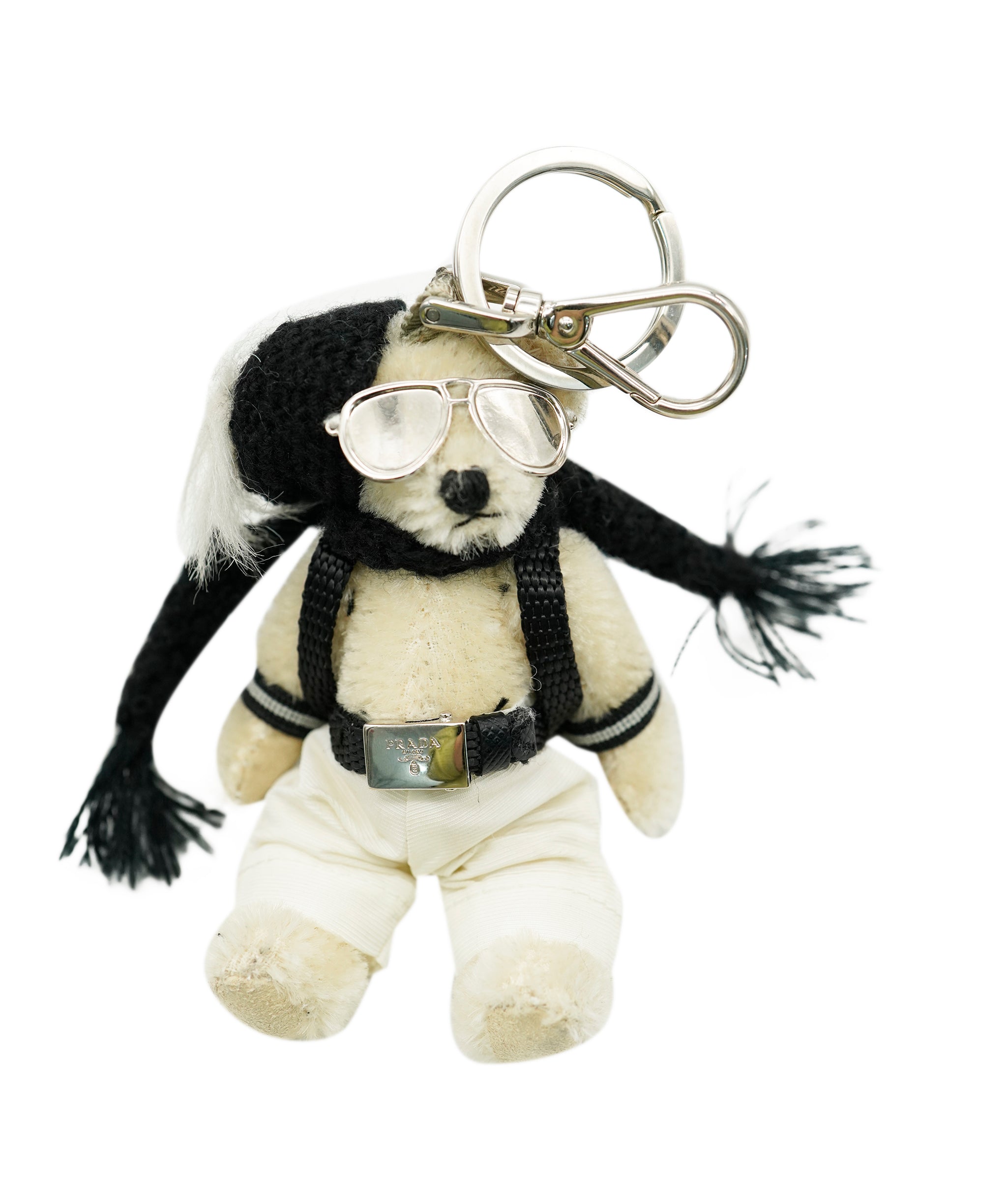 PRADA Teddy Bear Charm Nylon Beige Silver Auth ac3196 DBXS1732