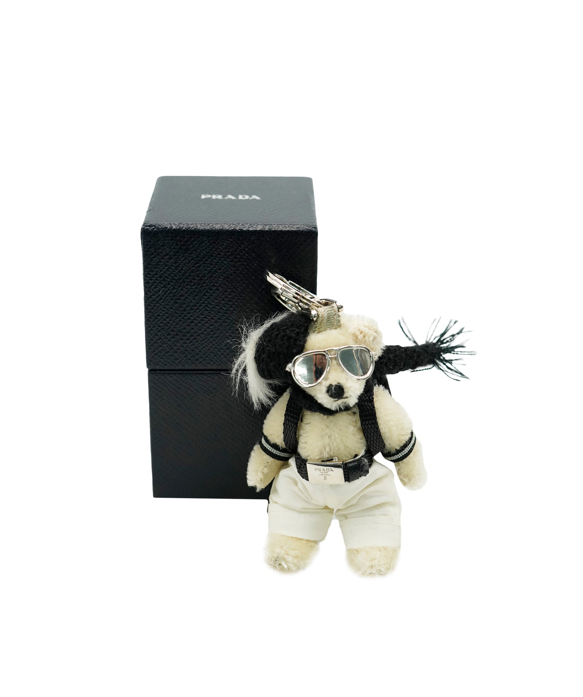 PRADA Teddy Bear Charm Nylon Beige Silver Auth ac3196 DBXS1732