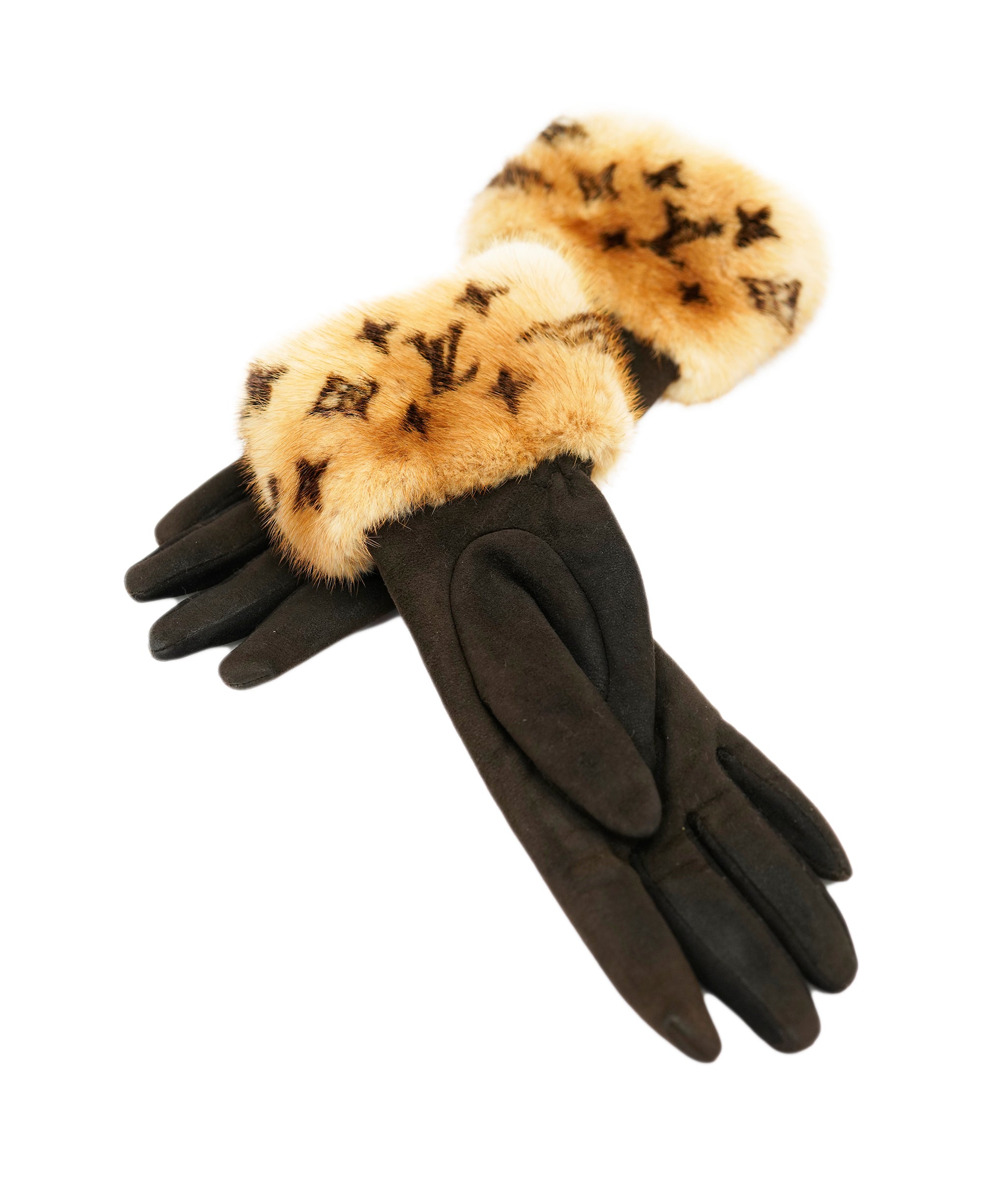 Louis Vuitton Brown Suede & Mink Monogram Cuff Gloves DBXS2402