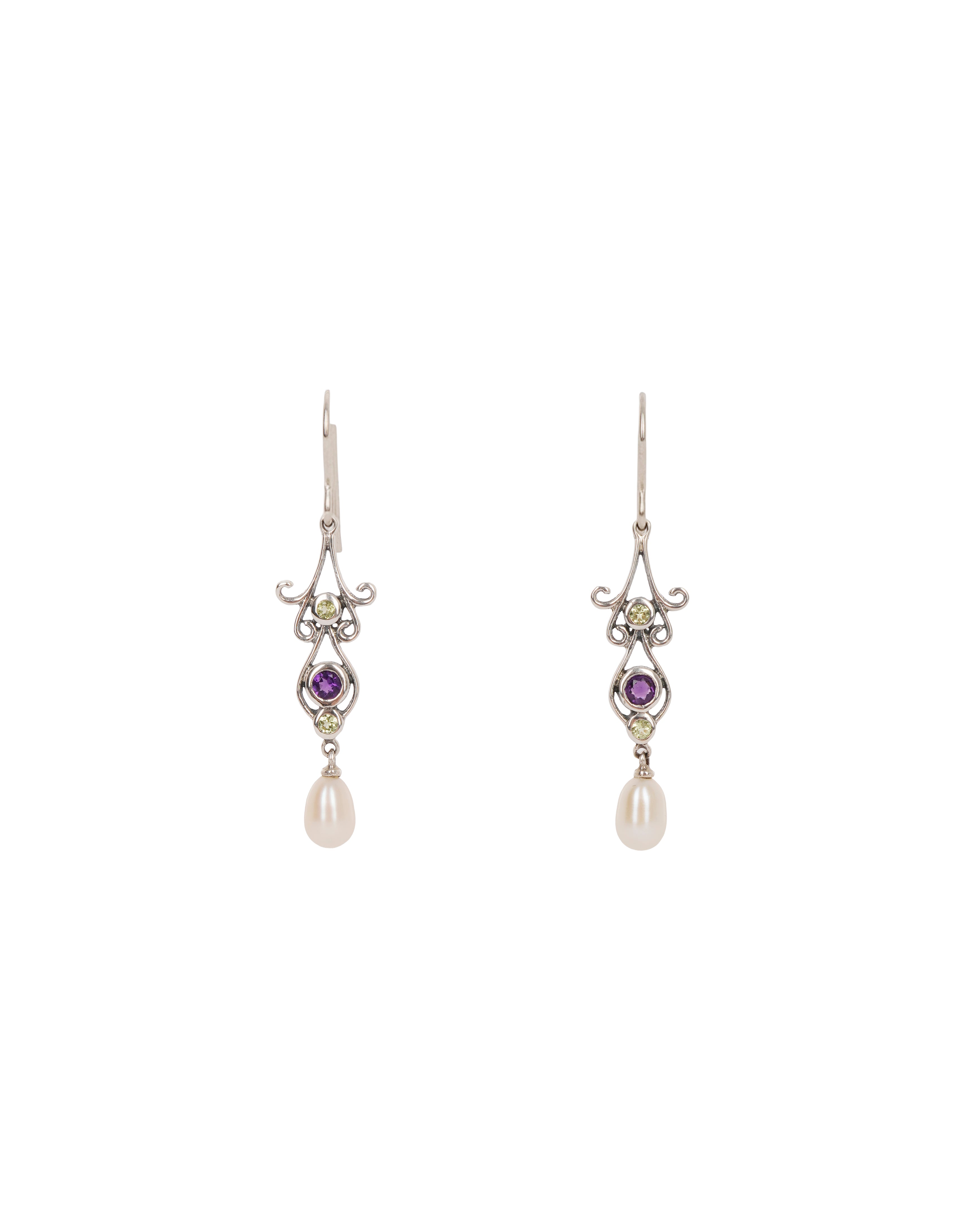 sterling silver earrings with amethyst peridot and pearl drop ALTC0510