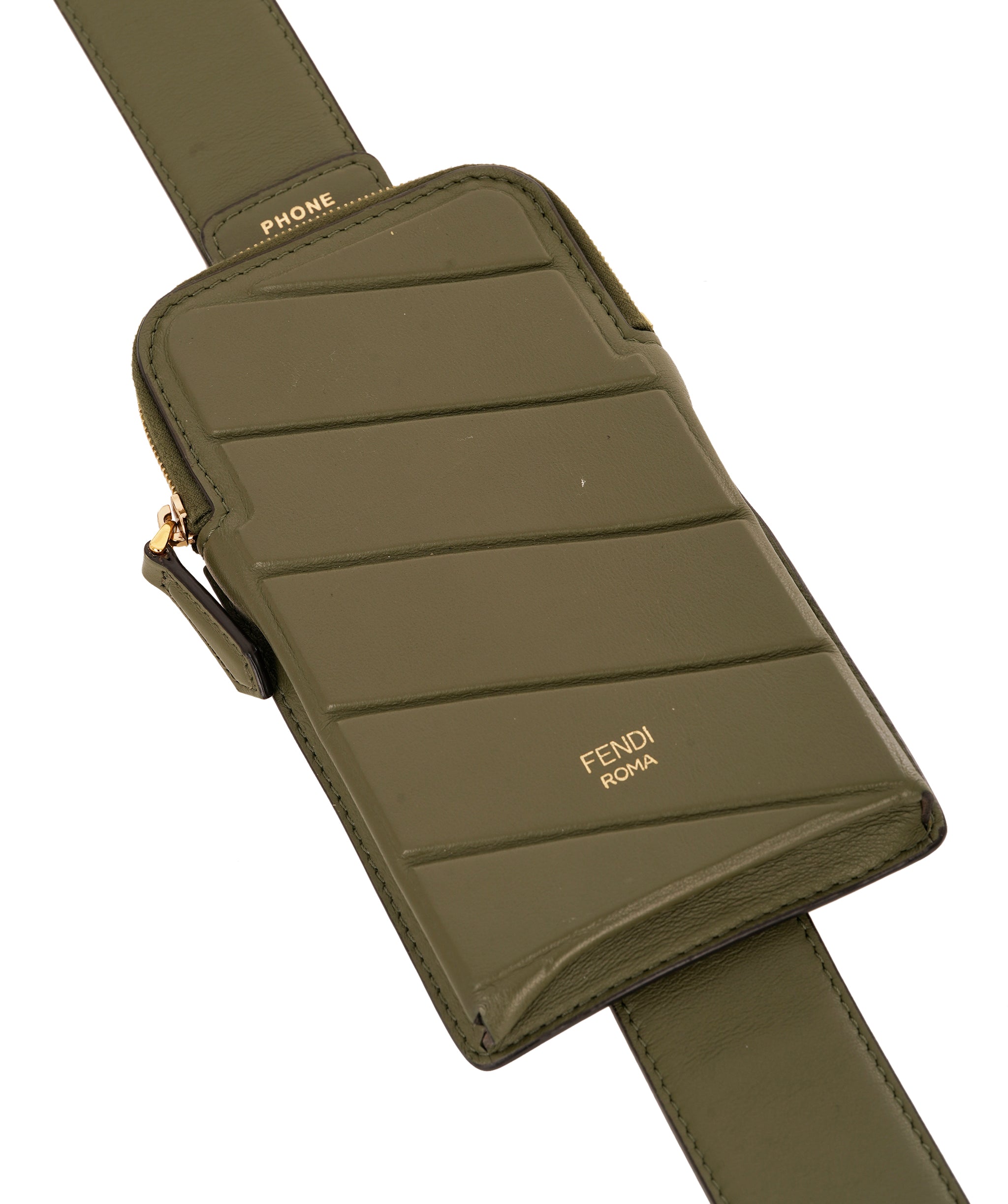 Fendi Khaki Green Leather Phone Bag Strap  ANC1733