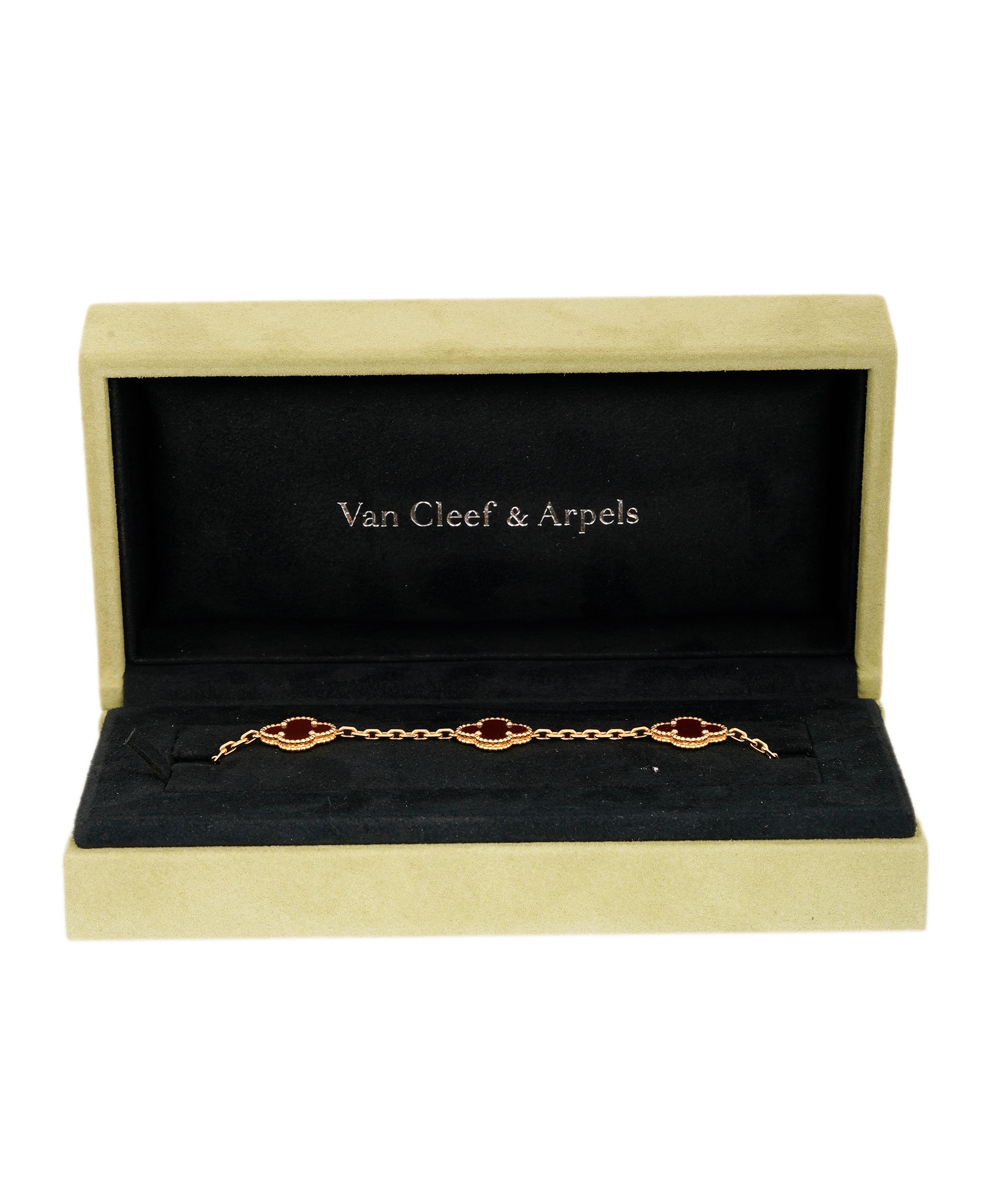 Van Cleef and Arpels 18K Yellow Gold and Carnelian Vintage Alhambra bracelet, 5 motifs AKC0751