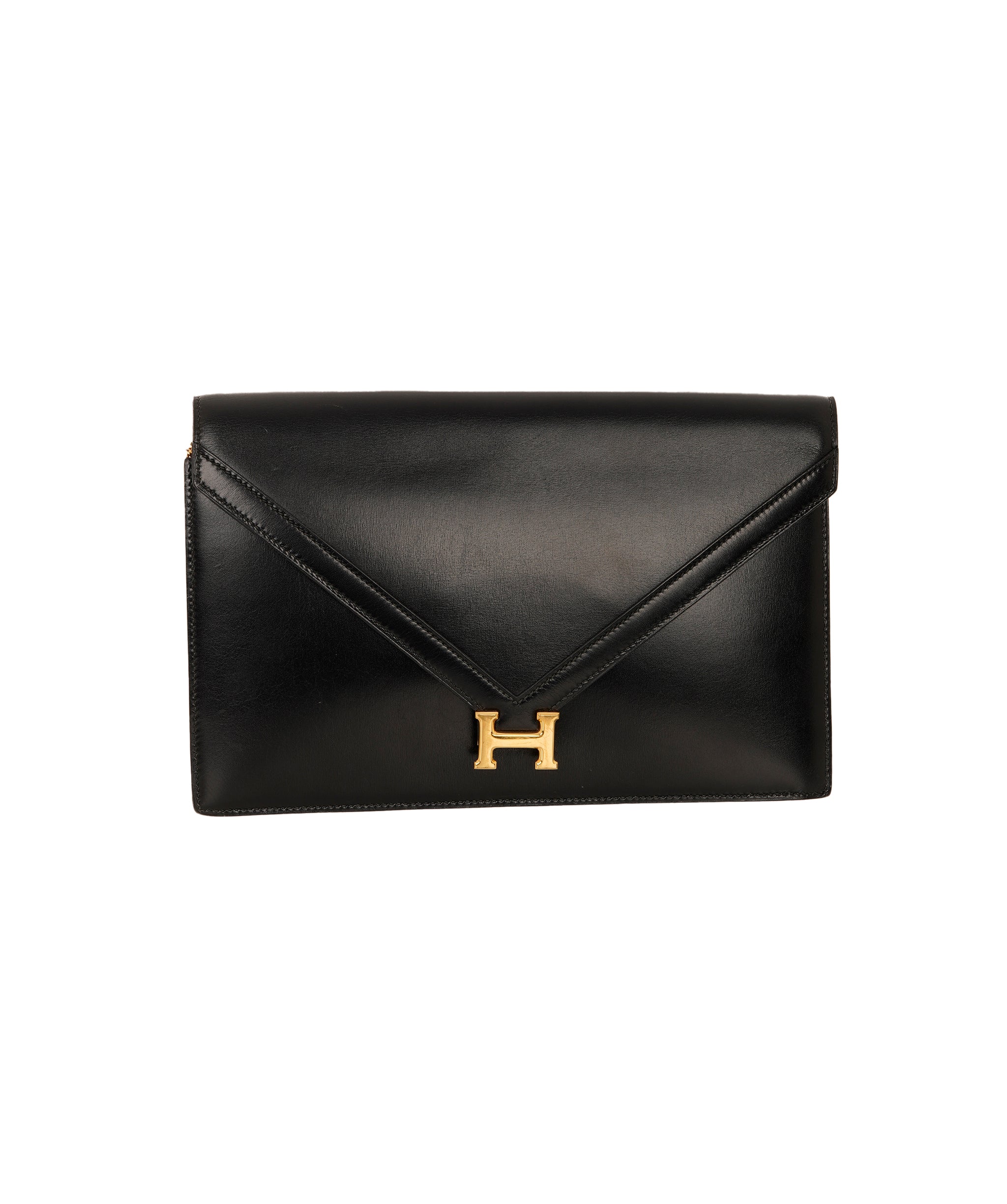 HERMES LYDIE BLACK BOXCALF CLUTCH SHOULDER BAG 1985 CIRCLE O GOLD HARDWARE ALC4159