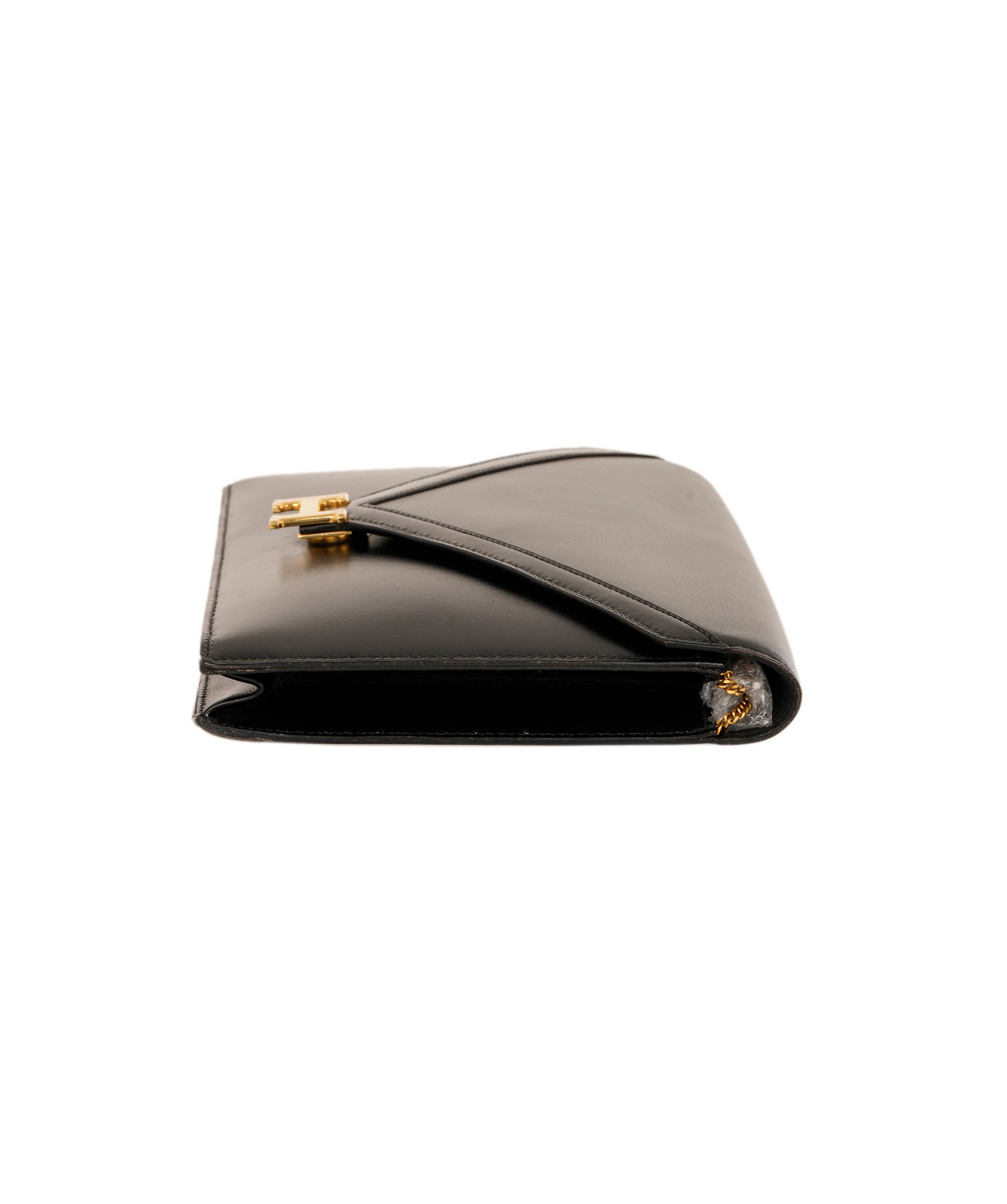 HERMES LYDIE BLACK BOXCALF CLUTCH SHOULDER BAG 1985 CIRCLE O GOLD HARDWARE ALC4159