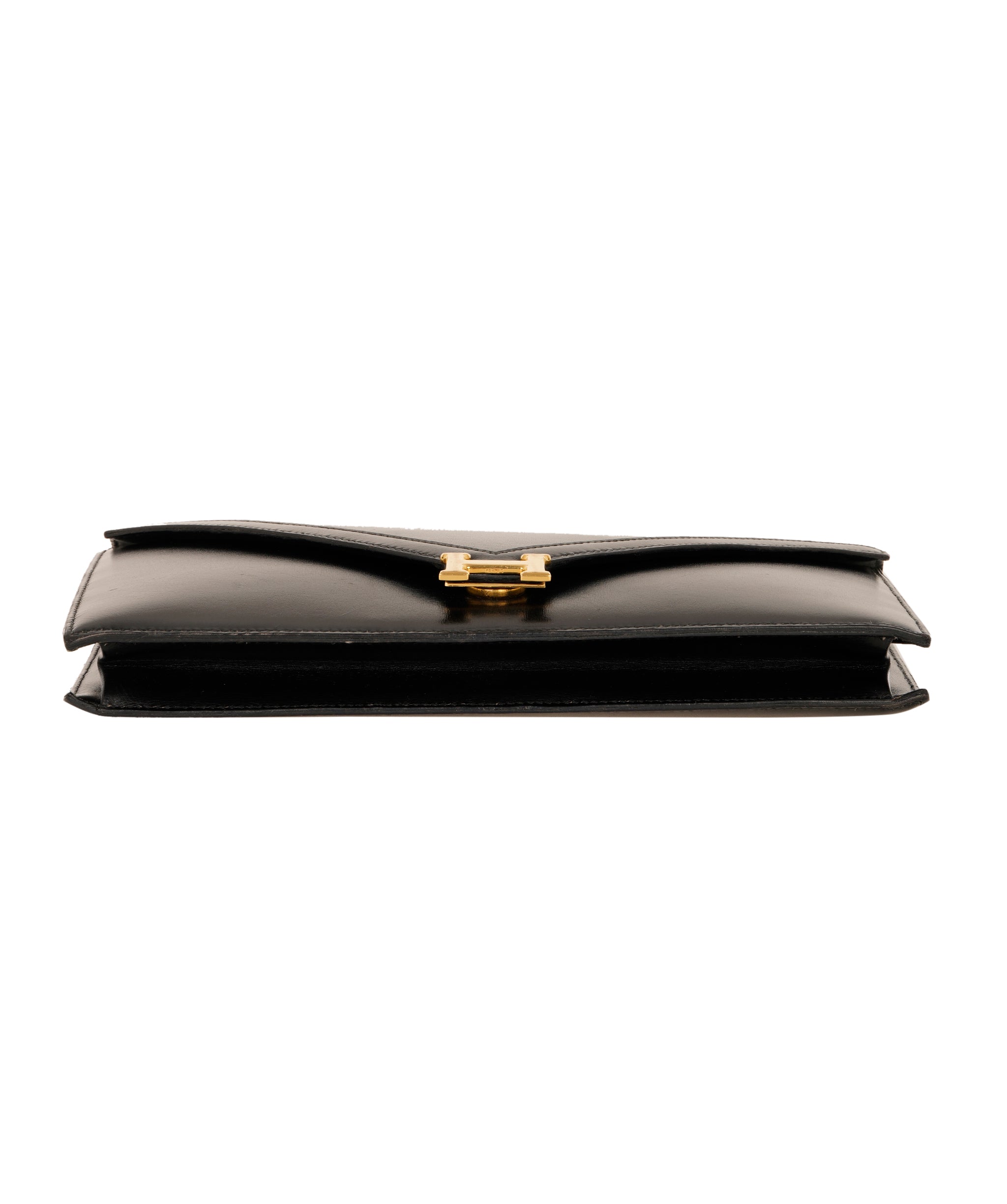 HERMES LYDIE BLACK BOXCALF CLUTCH SHOULDER BAG 1985 CIRCLE O GOLD HARDWARE ALC4159