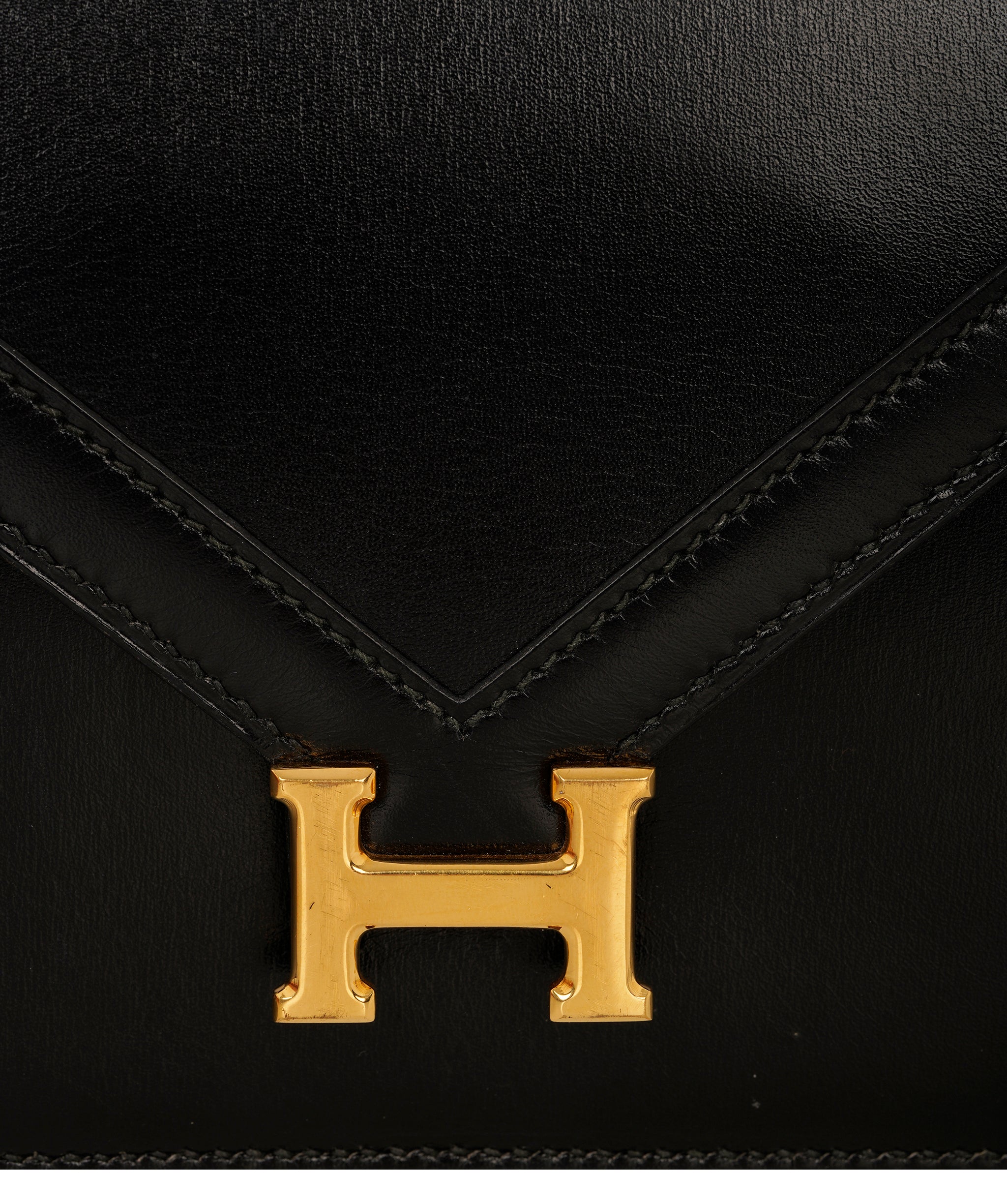 HERMES LYDIE BLACK BOXCALF CLUTCH SHOULDER BAG 1985 CIRCLE O GOLD HARDWARE ALC4159