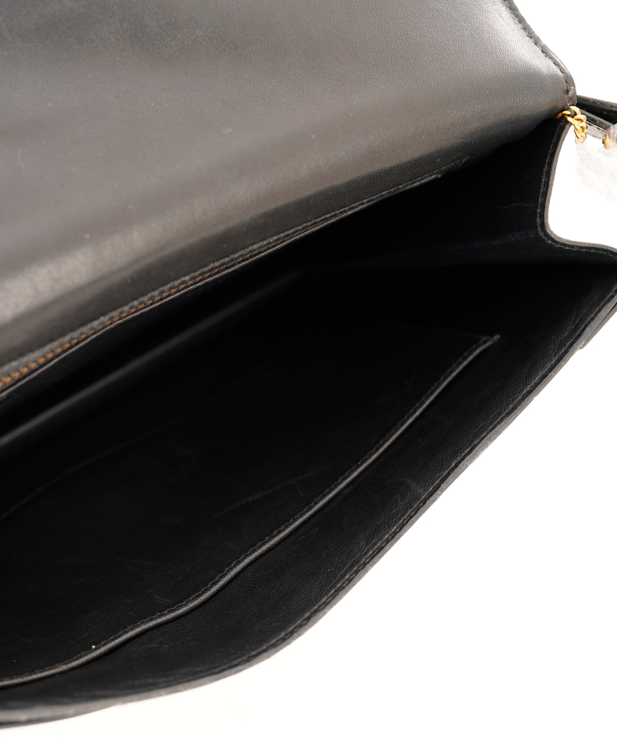 HERMES LYDIE BLACK BOXCALF CLUTCH SHOULDER BAG 1985 CIRCLE O GOLD HARDWARE ALC4159