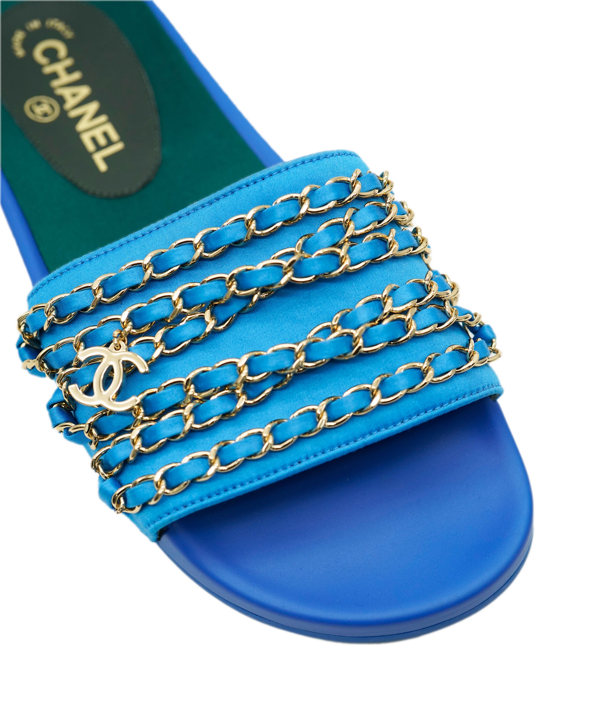 Chanel Blue Chain Satin Sliders ALC1920