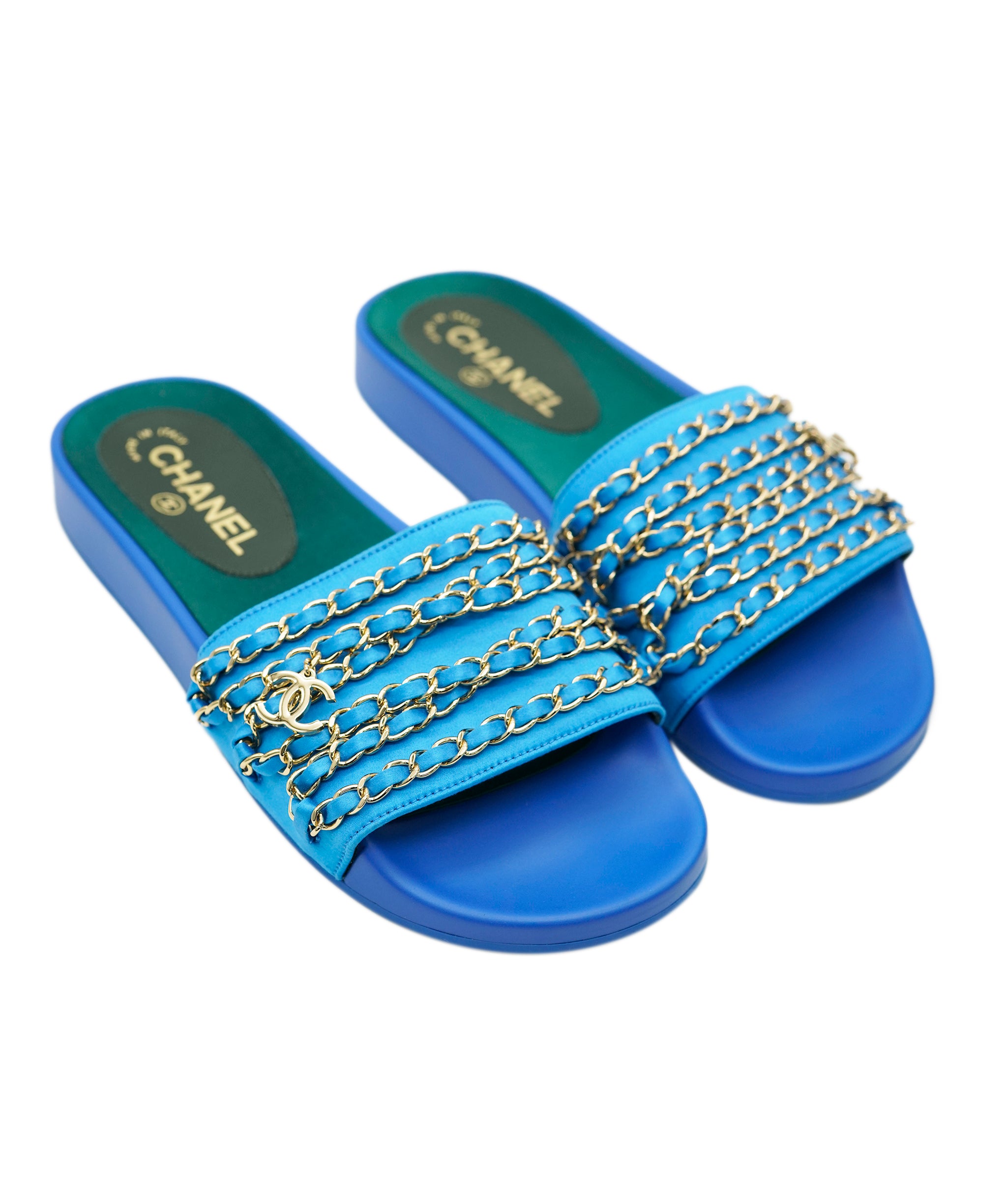 Chanel Blue Chain Satin Sliders ALC1920