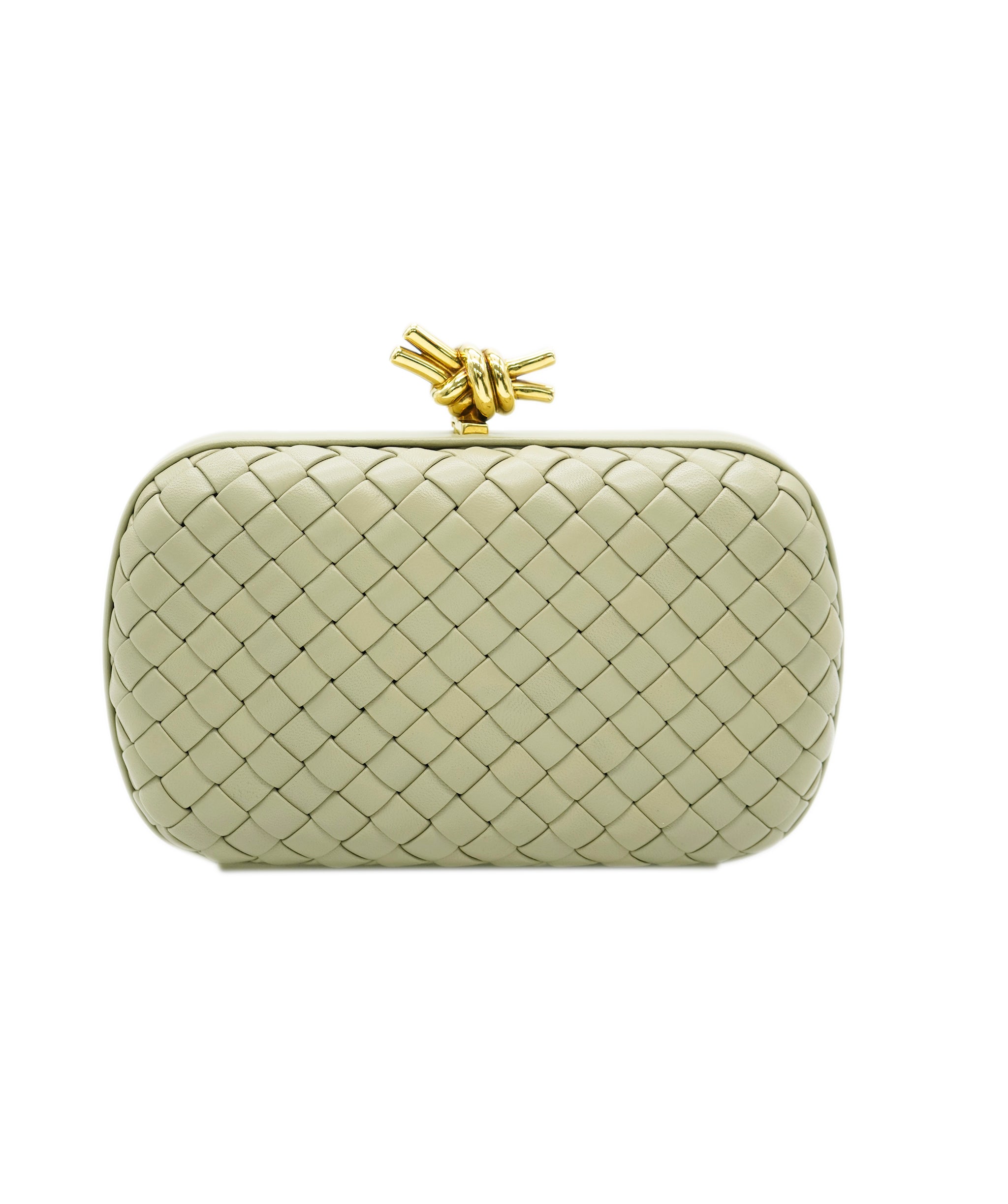 Bottega Knot intrecciato-woven leather clutch bag travertine ALL0840