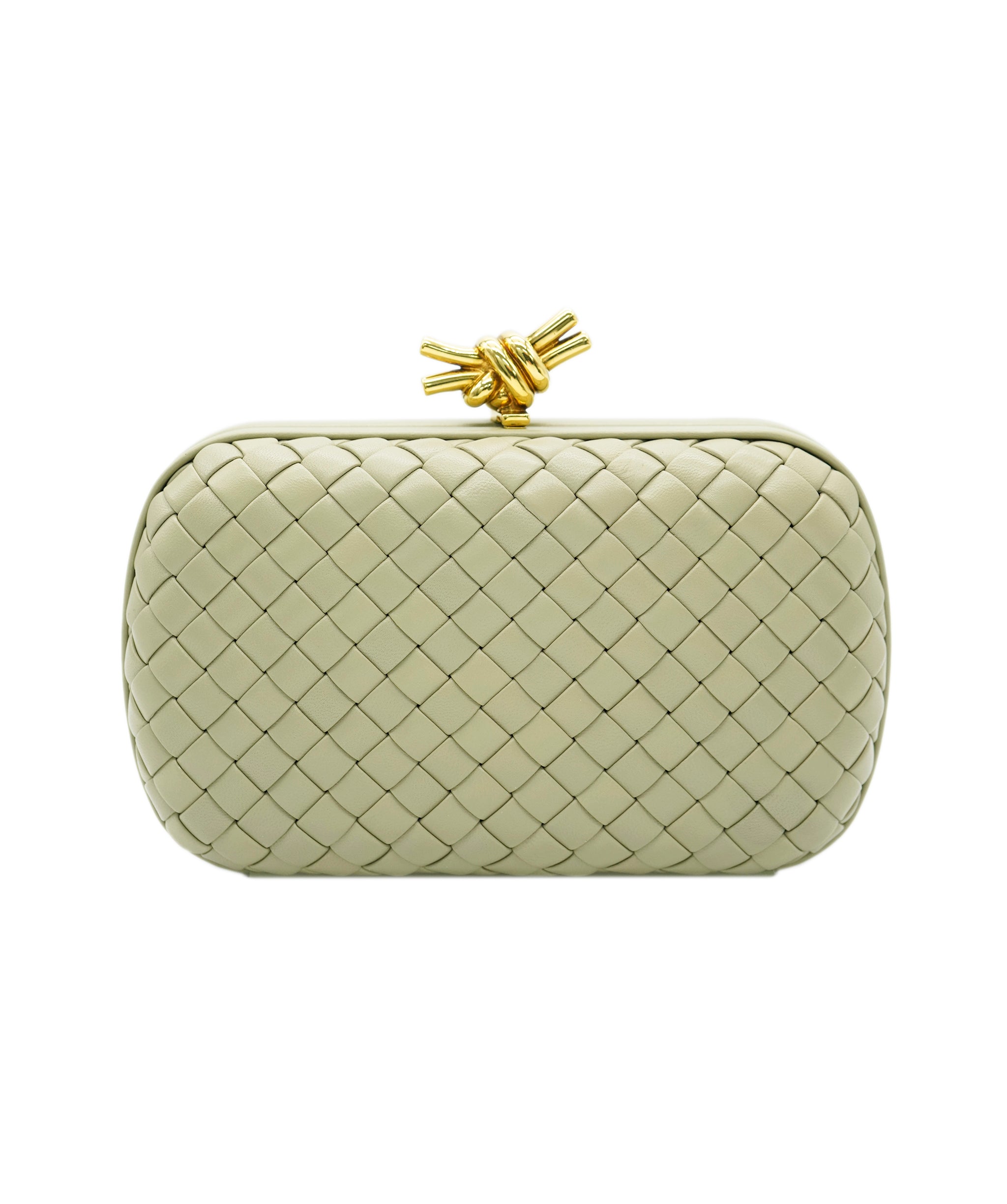 Bottega Knot intrecciato-woven leather clutch bag travertine ALL0840