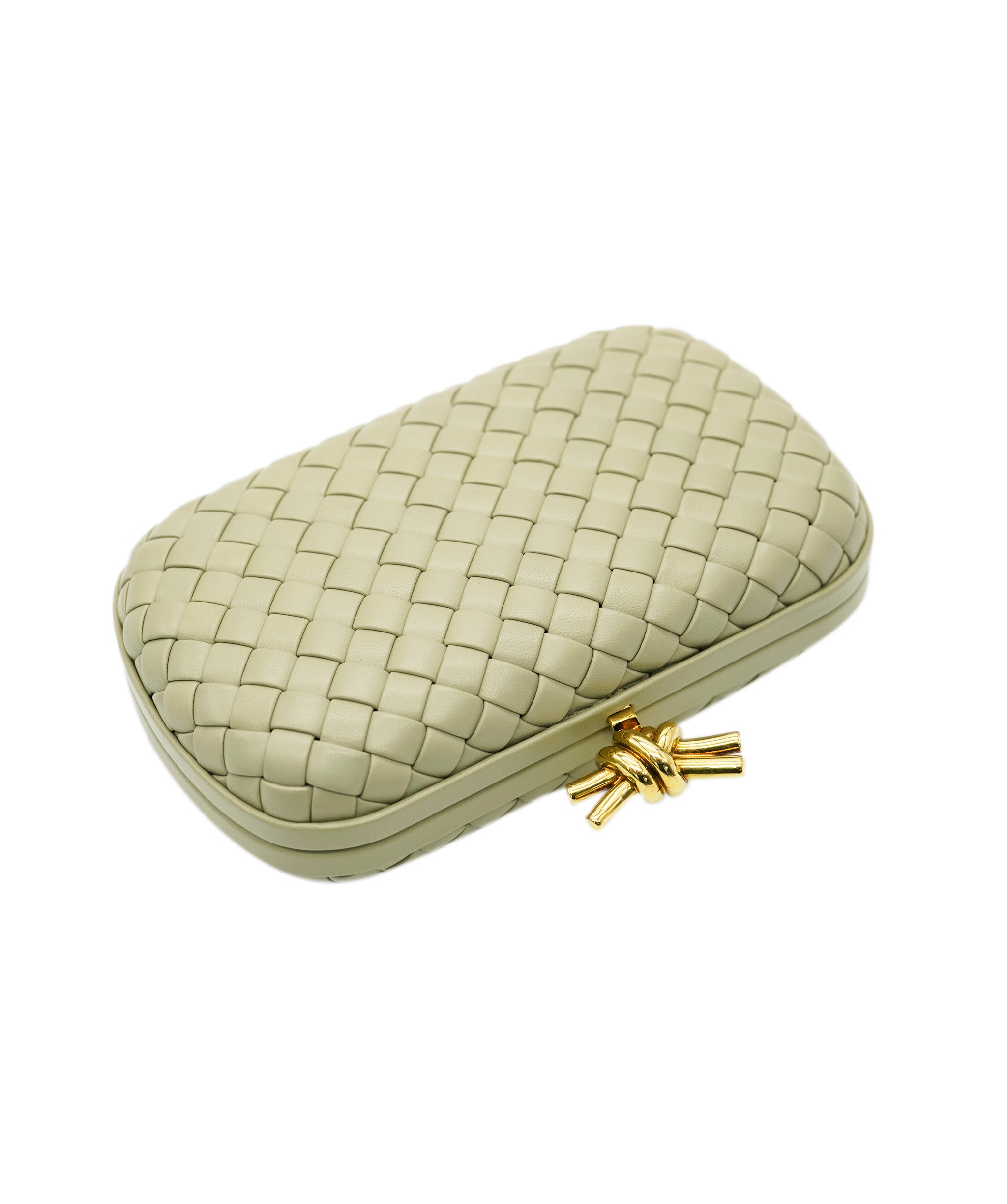 Bottega Knot intrecciato-woven leather clutch bag travertine ALL0840