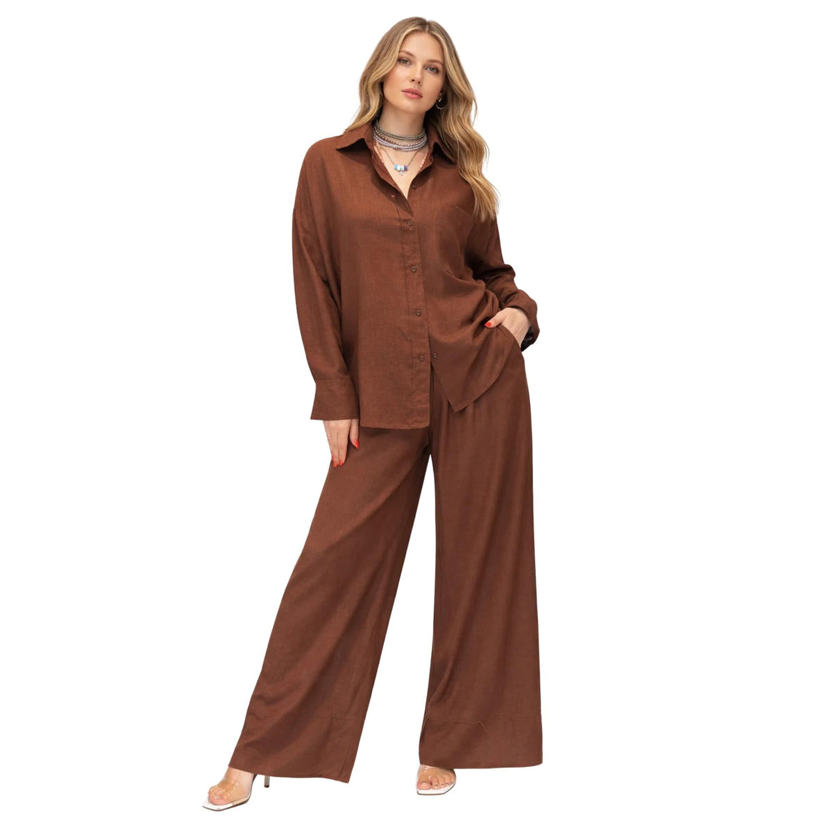 LINEN MIX EASE CO-ORD SET  زوج (SHIRT & PANTS قميص وبنطلون) “ALTHEA"